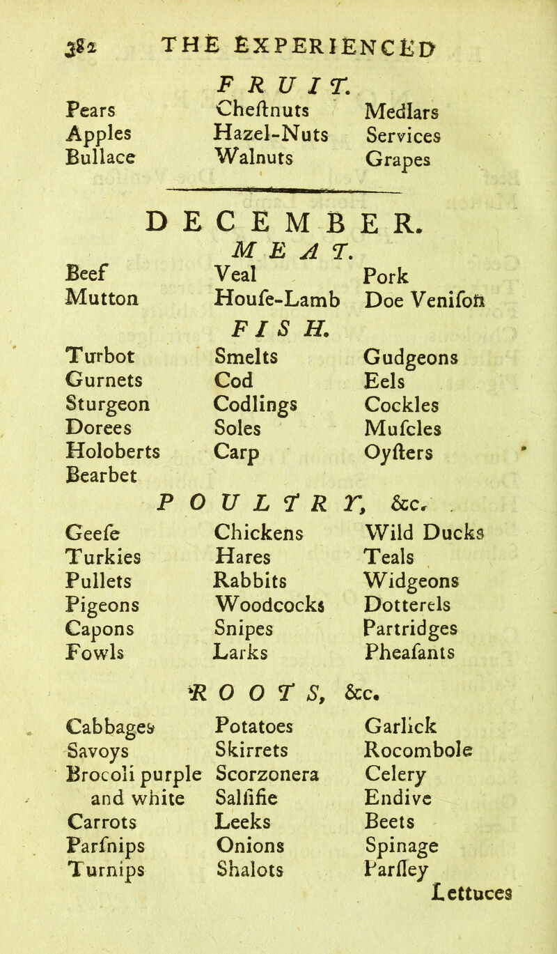 FRUIT: Pears Cheftnuts Medlars Apples Hazel-Nuts Services Bullace Walnuts Grapes D E C E M B E R. Beef MEAT. Veal Pork Mutton Houfe-Lamb Doe Venifoft T urbot FISH. Smelts Gudgeons Gurnets Cod Eels Sturgeon Codlings Cockles Dorees Soles Mufcles Holoberts Carp Oyfters Bearbet P O U L 7 R r, See. Geefe Chickens Wild Ducks Turkies Hares Teals Pullets Rabbits Widgeons Pigeons Woodcocks Dotterels Capons Snipes Partridges Fowls Larks Pheafants PROOFS, Sec. Cabbages Potatoes Garlick Savoys Skirrets Rocombole Brocoli purple Scorzonera Celery and white Sallifie Endive Carrots Leeks Beets Parfnips Onions Spinage Turnips Shalots Parfley lettuces