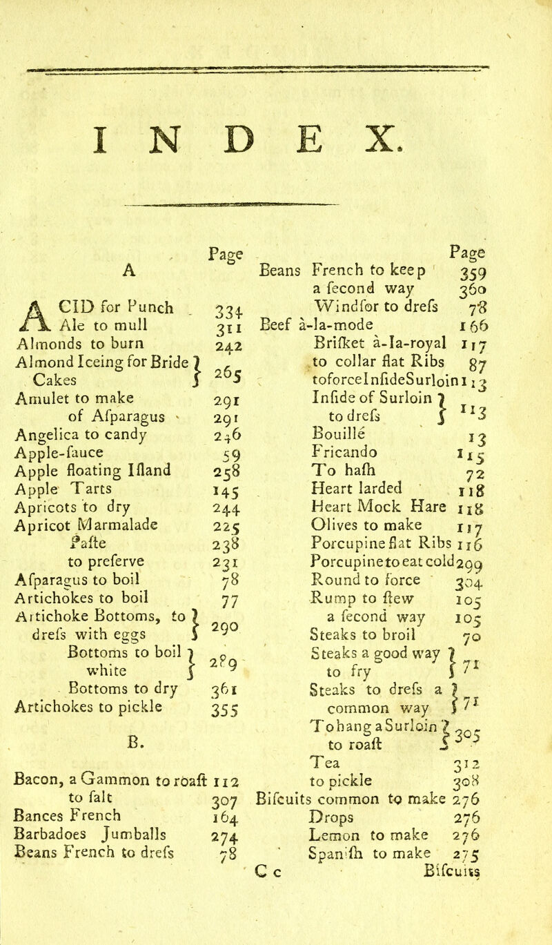 B—BrtPBW—> CID for Punch Ale to mull Almonds to burn Almond Iceing for Bride ) Cakes Amulet to make of Afparagus Angelica to candy Apple-fauce Apple floating Ifland Apple Tarts Apricots to dry Apricot Marmalade Pafte to to preferve Afparagus to boil Artichokes to boil Artichoke Bottoms, drefs with eggs Bottoms to boil white Bottoms to dry Artichokes to pickle B. Page 33* 3*1 24.2 Page J 26s 291 291 246 59 258 H5 244 22c 238 23* 78 77 290 2P9 361 355 Bacon, a Gammon toroaft 112 to fait Bances French 164 Barbadoes Jumballs 274 Beans French to drefs 78 Beans French to keep a fecond way Wind for to drefs Beef a-la-mode Brifket a-Ia-royal to collar flat Ribs toforcelnfideSurloini l ? Infide of Surloin } 1 359 360 7*8 166 Ij7 87 to drefs Bouill Fricando To ha(h Heart larded Heart Mock Hare Olives to make Porcupine fiat Ribs u6 Porcupine to eat cold 299 J3 115 72 118 1 iH 117 Round to force Rump to flew a fecond way Steaks to broil Steaks a good wav to fry Steaks to drefs a common way To bang a Surloin 7 „cr to roaft $ J J Tea 31 2 to pickle 308 Bifcuits common tq make 276 Drops 276 Lemon to make 276 Spanifh to make 275 C c Bifcuits 3°4 205 105 70 71 7l