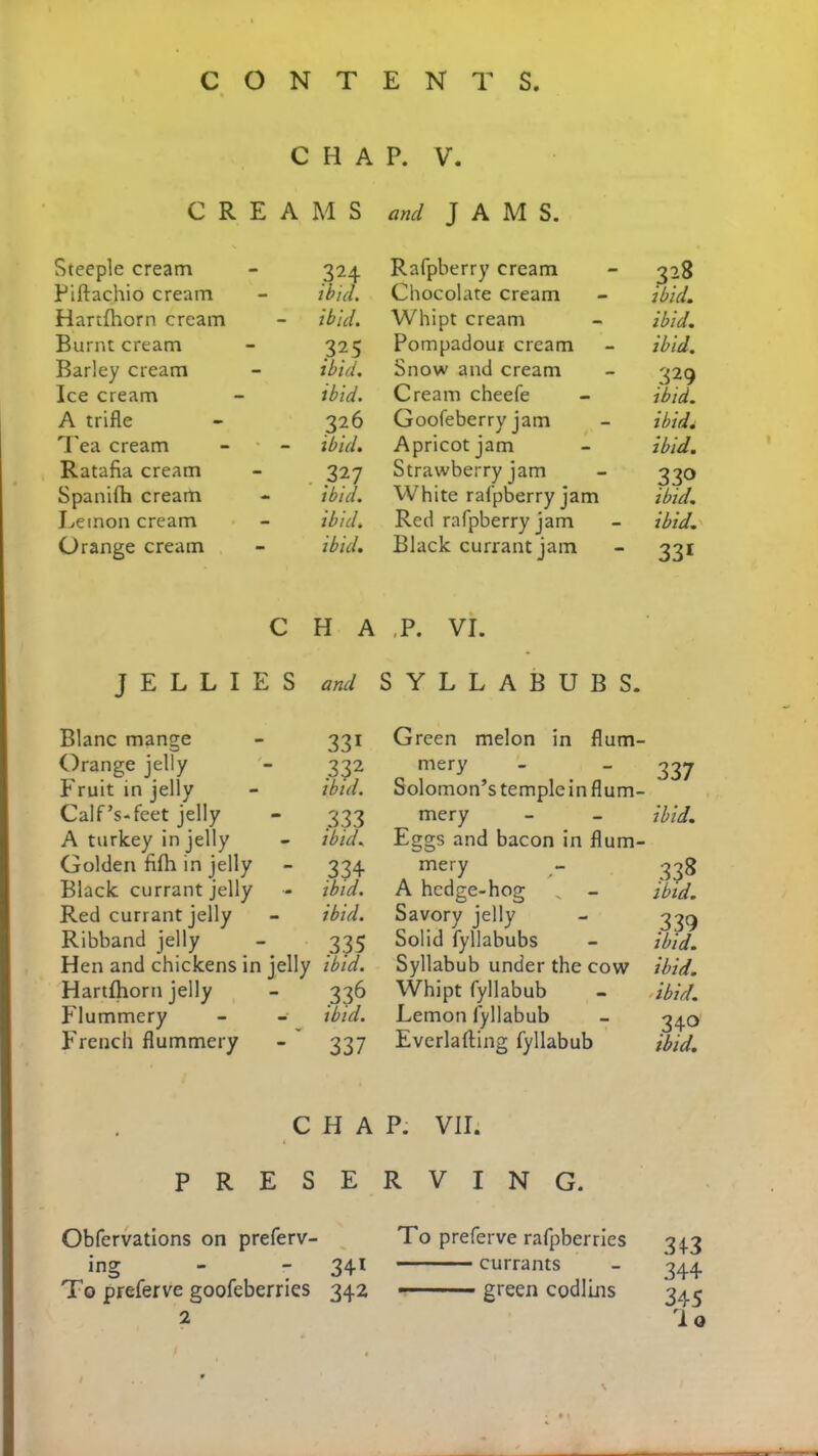 CHAP. V. C R E A M S and JAMS. Steeple cream 324 Rafpberry cream 328 Piftachio cream - ibid. Chocolate cream ibid. Hartfliorn cream - ibid. Whipt cream ibid. Burnt cream - 32 5 Pompadour cream ibid. Barley cream - ibid. Snow and cream 329 Ice cream ibid. Cream cheefe ibid. A trifle 326 Goofeberry jam ibid. Tea cream - ibid. Apricot jam ibid. Ratafia cream - 327 Strawberry jam 33° Spanifh cream - ibid. White rafpberry jam ibid. Lemon cream - ibid. Red rafpberry jam ibid. Orange cream ibid. Black currant jam 331 C H A ,P. VI. J E L L I E S and SYLLABUBS. Blanc mange - 331 Orange jelly - 332 Fruit in jelly - ibid. Calf’s-feet jelly - 333 A turkey in jelly - ibid. Golden filh in jelly - 334 Black currant jelly - ibid. Red currant jelly - ibid. Ribband jelly - 335 Hen and chickens in jelly ibid. Hartfhorn jelly - 336 Flummery - - ibid. French flummery - 337 Green melon in flum- mery - 337 Solomon’s temple in flum- mery - - ibid. Eggs and bacon in flum- mery 338 A hcdge-hog _ - ibid. Savory jelly - 3™ Solid fyllabubs - ibid. Syllabub under the cow ibid. Whipt fyllabub - ibid. Lemon fyllabub - ^\o Everlafting fyllabub ibid. CHAP. VII. PRESERVING. Obfervations on preferv- ing - - 34-1 To preferve goofebcrries 342 2 To preferve rafpberries currants —■ ■ ■ ■ green codlins 34-3 344 345 lo \