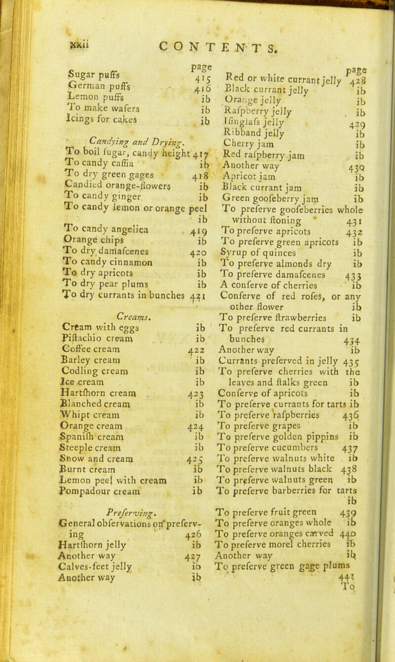 Sugar puffs 4?5 German puffs - ^6 Lemon puffs ib To make wafers ib Icings for cakes }b Candying and Drying. To boil lugar, candy height 417 To candy caflia ib To dry green gages 418 Candied orange-bowers ib To candy ginger ib To candy lemon or orange peel ib To candy angelica 419 Orange chips ib To dry damafcenes 420 To candy cinnamon ib To dry apricots ib To dry pear plums ib To dry currants in bunches 431 Creams. Cream with eggs ib Piftachio cream ib Coffee cream 422 Barley cream ib Codling cream ib Jce cream ib Hartfhorn cream 423 Blanched cream ib Whipt cream ib Orange cream 424 Spanifli cream ib Steeple cream ib Snow and cream 423 Burnt cream ib Lemon peel with cream ib Pompadour cream ib Preferring. General obfervations on'prefcrv- ing _ 1 426 Hartfhorn jelly ib Another way 427 Calves-feet jelly ib Another way ib Red or white currant jelly 428 Black currant jelly Orange jelly Rafp'berry jelly Ifingiafs jelly Ribband jelly Cherry jam Red rafpberry jam Another way Apricot jam Black currant jam To preferve goofeberries whole without ftoning ‘ 431 To preferve apricots 432 To preferve green apricots ib Syrup of quinces ib To preferve almonds dry ib To preferve damafcenes 433 A conferve of cherries ib Conferve of red rofeS, or any other flower ib To preferve ftrawberries ib To preferve red currants in bunches 434 Another way ib Currants preferved in jelly 435 To preferve cherries with the leaves and flalks green ib Conferve of apricots ib To preferve currants for tarts ib To preferve rafpberries 436 To preferve grapes ib To preferve golden pippins ib To preferve cucumbers 437 To preferve walnuts white ib To preferve walnuts black 438 To preferve walnuts green ib To preferve barberries for tarts ib To preferve fruit green 439 To preferve oranges whole ib To preferve oranges carved 440 To preferve morel cherries ib Another way ib To preferve green gage plums ib . ib 429 ib ib ib 430 ib ib