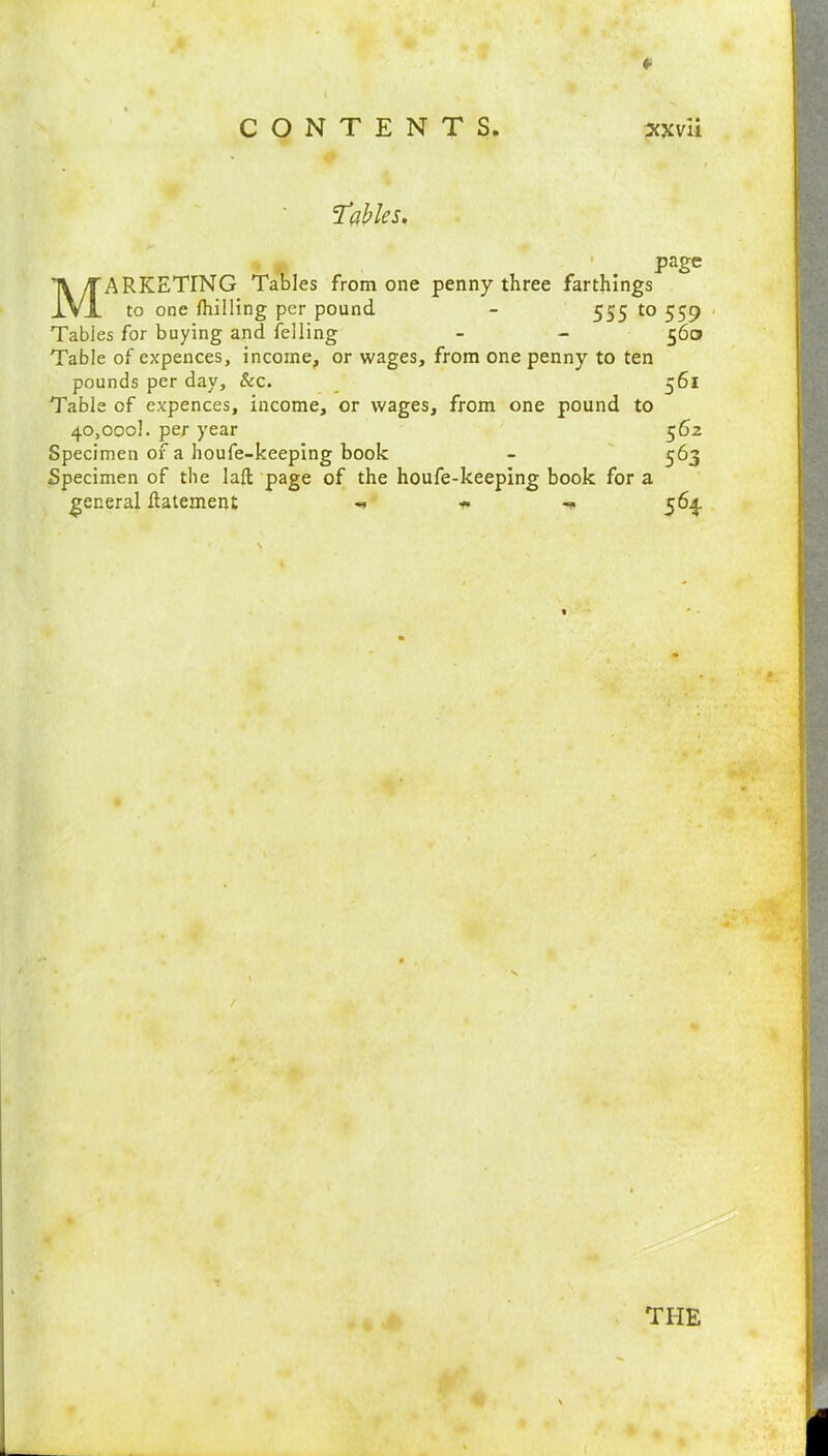 f CONTENTS xxvli ’fables. page MARKETING Tables from one penny three farthings to one Ihilling per pound - 555 to Tables for buying and felling Table of expences, income, or wages, from one penny to ten pounds per day, &c. Table of expences, income, or wages, from one pound to 40,000!. per year Specimen of a houfe-keeping book Specimen of the laft page of the houfe-keeping book for a general ftatement - -» THE