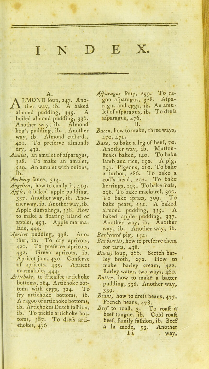 A. ALMOND foup, 247. Ano- ther way, ib. A baked almond pudding, 335. A boiled almond pudding, 336. Another way, ib. Almond hog's pudding, ib. Another way, ib. Almond cuftards, 401. To preferve almonds dry, 432. Amulet, an amulet of afparagus, 328. To make an amulet, 329. An amulet with onions, ib. Anchovy fauce, 314. Angelica, how to candy it, 419. Apple, a baked apple pudding, 337, Another way, ib. Ano- therway, ib. Another way, ib. Apple dumplings, 338. How to make a floating ifland of apples, 453. Apple marma- lade, 444.’ Apricot pudding, 338. Ano- ther, ib. To dry apricots, 420. To preferve apricots, 432. Green apricots, ib. Apricot jam, 430. Conferve of apricots, 435. Apricot marmalade, 444. Artichoke, to fricaflee artichoke bottoms, 284. Artichoke bot- toms with eggs, 324. To fry artichoke bottoms, ib. A ragoo of artichoke bottoms, ib. Artichokes Dutch falhion, ib. To pickle artichoke bot- toms, 387. To drefs arti- chokes, 476 Afparagus foup, 259. To ra- goo afparagus, 328. Afpa- ragus and eggs, ib. An amu- let of afparagus, ib. To drefs afparagus, 476. B. Bacon, how to make, three ways, 47°>47I- , . Bake, to bake a leg of beer, 70. Another way, ib. Mutton- fteaks baked, 140. To bake lamb and rice, 150. A pig, 137. Pigeons, 210. To bake a turbot, 286. To bake a cod’s head, 292. To bake herrings, 295. To bake foals, 298. To bake mackarel, 300. To bake fprats, 309. To bake pears, 332. A baked almond pudding, 335. A baked apple pudding, 337. Another way, ib. Another way, ib. Another way, ib. Barbecued pig, 154. Barberries, how to preferve them for tarts, 438. Barley foup, 266. Scotch bar- ley broth, 272. How to make barley cream, 422. Barley water, two ways, 460. Batter, how to make a batter pudding, 338. Another way, 339* Beans, how to drefs beans, 477. French beans, 478. Beef to roaft, 3. To roaft a beef tongue, ib. Cold roalb beef, family falhion, ib. Beef a la mode, 53, Another