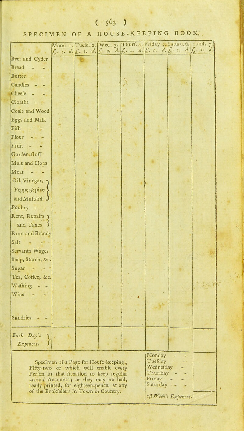 SPECIMEN OF A HOUSE-KEEPING BOOK. Beer and Cyder Bread Burter - Candles - - * Cheefe - Cloaths - - Coals and Wood Eggs and Milk Fifh - Flour - - Fruit - Garden-fluff Malt and Hops Meat Oil,Vinegar, *\ Pepper,Spice > and Muftard 3 Poultry - - Rent, Repairs p and Taxes S Rum and Brandy Salt t - Servants Wages Soap, Starch, &c. Sugar - - • Tea, Coffee, Arc. Wafhing - - Wine - - Sundries - - Mond. i. £. s. d. Tuefd. 2. £. s. d. Wed. 3. €■ s. d. Thurf. 4. s. d. Piiday c.jSaturd.O.; iund. 7. £. f. d.\£. s. d.£. s. d. f % t - \ •' / / 4 - *.*■ \ * * ' . Each Day's -j Expencest $ Specimen of a Page for Houfe-keeping; Fifty-two of which will enable every Perfon in that fituation to keep regular annual Accounts; or they may be had, ready printed; for eighteen-pence, at any of the Bookfellers in Town or Country. Monday T uefday - Wednesday Thurfday - Friday Saturday 1JIJV’.ck's Expenccs. |