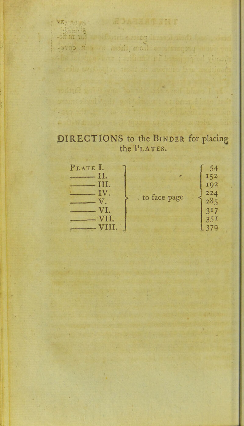 v*r • DIRECTIONS to the Binder for placing the Plates. Plate I. II. III. IV. V. —VI. VII. r- — VIII. 54 192 224 28^ 3 35i L37° > to face page