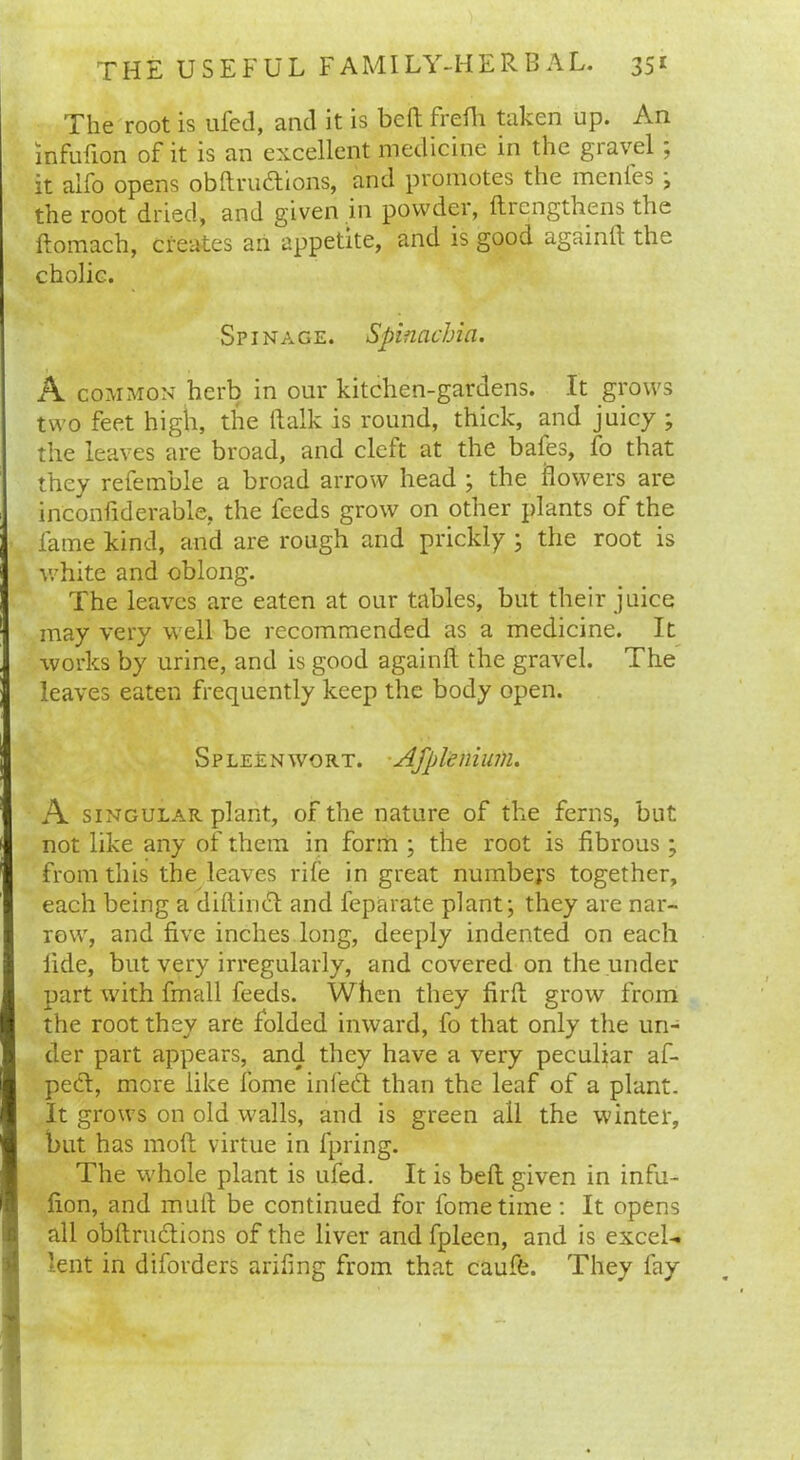 The root is ufed, and it is befl frefli taken up. An infufion of it is an excellent medicine in the gravel; it alfo opens obltrudtions, and promotes the menfes ; the root dried, and given in powder, flrengthens the llomach, creates an appetite, and is good againll the cholic. Spin age. Spinachia. A. common herb in our kitchen-gardens. It grows two feet high, the ftalk is round, thick, and juicy ; the leaves are broad, and cleft at the bafes, fo that they referable a broad arrow head ; the flowers are inconfiderable, the feeds grow on other plants of the fame kind, and are rough and prickly ; the root is white and oblong. The leaves are eaten at our tables, but their juice may very well be recommended as a medicine. It works by urine, and is good againll the gravel. The leaves eaten frequently keep the body open. Spleenwort. AJpVsniufn. A singular plant, of the nature of the ferns, blit not like any of them in form ; the root is fibrous; from this the leaves rife in great numbers together, each being a diftindt and feparate plant; they are nar- row, and five inches long, deeply indented on each fide, but very irregularly, and covered on the under part with fmall feeds. When they firfh grow from the root they are folded inward, fo that only the un- der part appears, and they have a very peculiar af- pedt, more like fome infedt than the leaf of a plant. It grows on old walls, and is green all the winter, but has moll virtue in fpring. The whole plant is ufed. It is bell given in infu- lion, and mult be continued for fome time : It opens all obltrudtions of the liver and fpleen, and is excels lent in d Borders arifing from that caufb. They fay