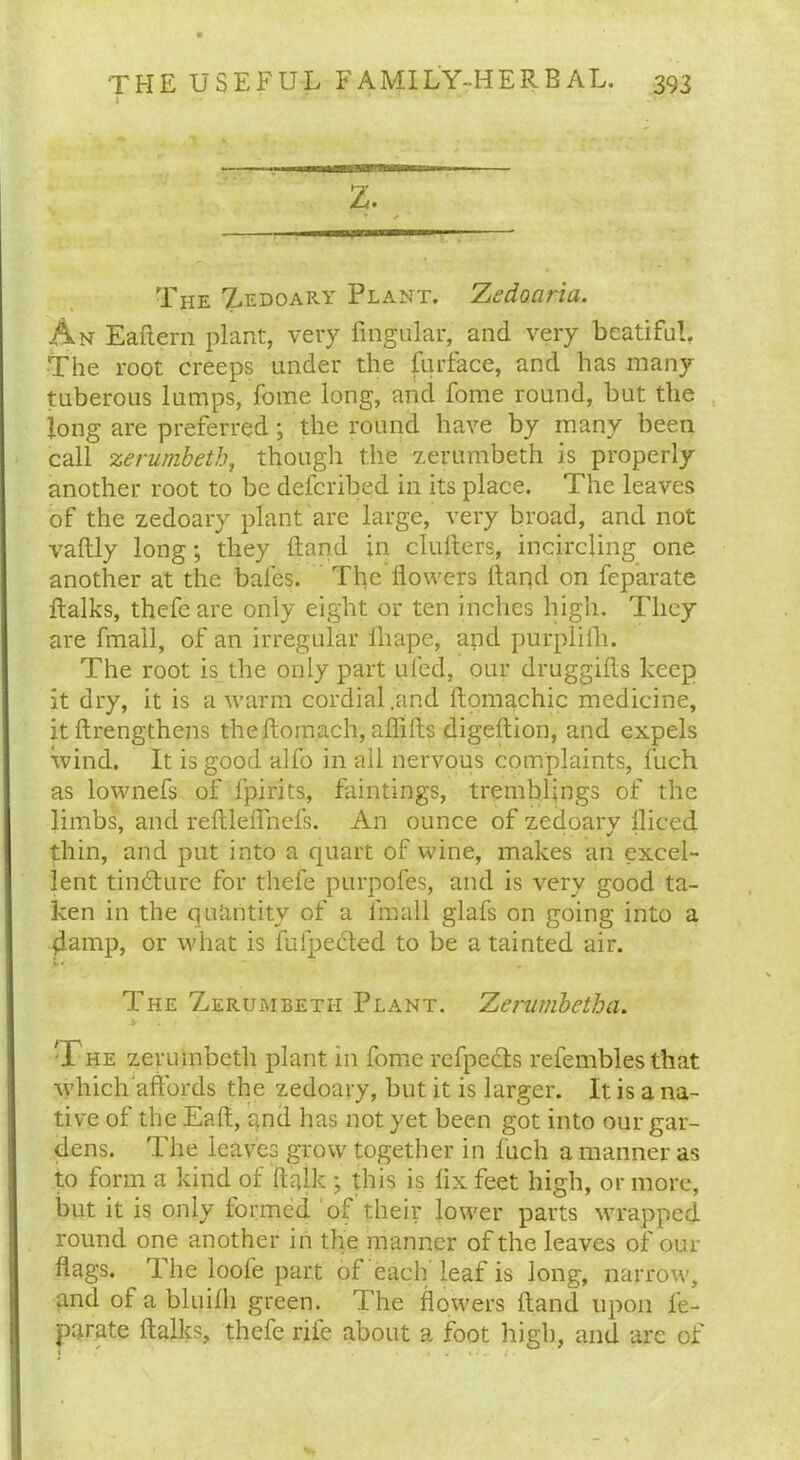 z. * * The Zedoary Plant. Zedoaria. An Eaflern plant, very lingular, and very beatifuL The root creeps under the furface, and has many tuberous lumps, fome long, and fome round, but the long are preferred; the round have by many been call zerumbeth, though the zerumbeth is properly another root to be defcribed in its place. The leaves of the zedoary plant are large, very broad, and not vaftly long; they Hand in clutters, incircling one another at the bales. The flowers ttaqd on feparate ttalks, thefe are only eight or ten inches high. They are fmall, of an irregular lliape, and purplilh. The root is the only part ufed, our druggifls keep it dry, it is a warm cordial .and ftomachic medicine, itftrengthens theftomach, affifts digeftion, and expels •wind. It is good alfo in all nervous complaints, fuch as lownefs of fpirits, faintings, tremblings of the limbs, and reftlelTnefs. An ounce of zedoary lliced thin, and put into a quart of wine, makes an excel- lent tindture for thefe purpoles, and is very good ta- ken in the quantity of a fmall glafs on going into a damp, or what is flifpedted to be a tainted air. The Zerumbeti-i Plant. Zerujnbetha. The zerumbeth plant in fome refpects refembles that which affords the zedoary, but it is larger. It is a na- tive of the Eaft, and has not yet been got into our gar- dens. The leaves grow together in fuch a manner as to form a kind of ftalk ; this is fix feet high, or more, but it is only formed of their lower parts wrapped round one another in the manner of the leaves of our flags. The loole part of each leaf is long, narrow, and of a bluifli green. The flowers Hand upon fe- parate ttalks, thefe riie about a foot high, and are of