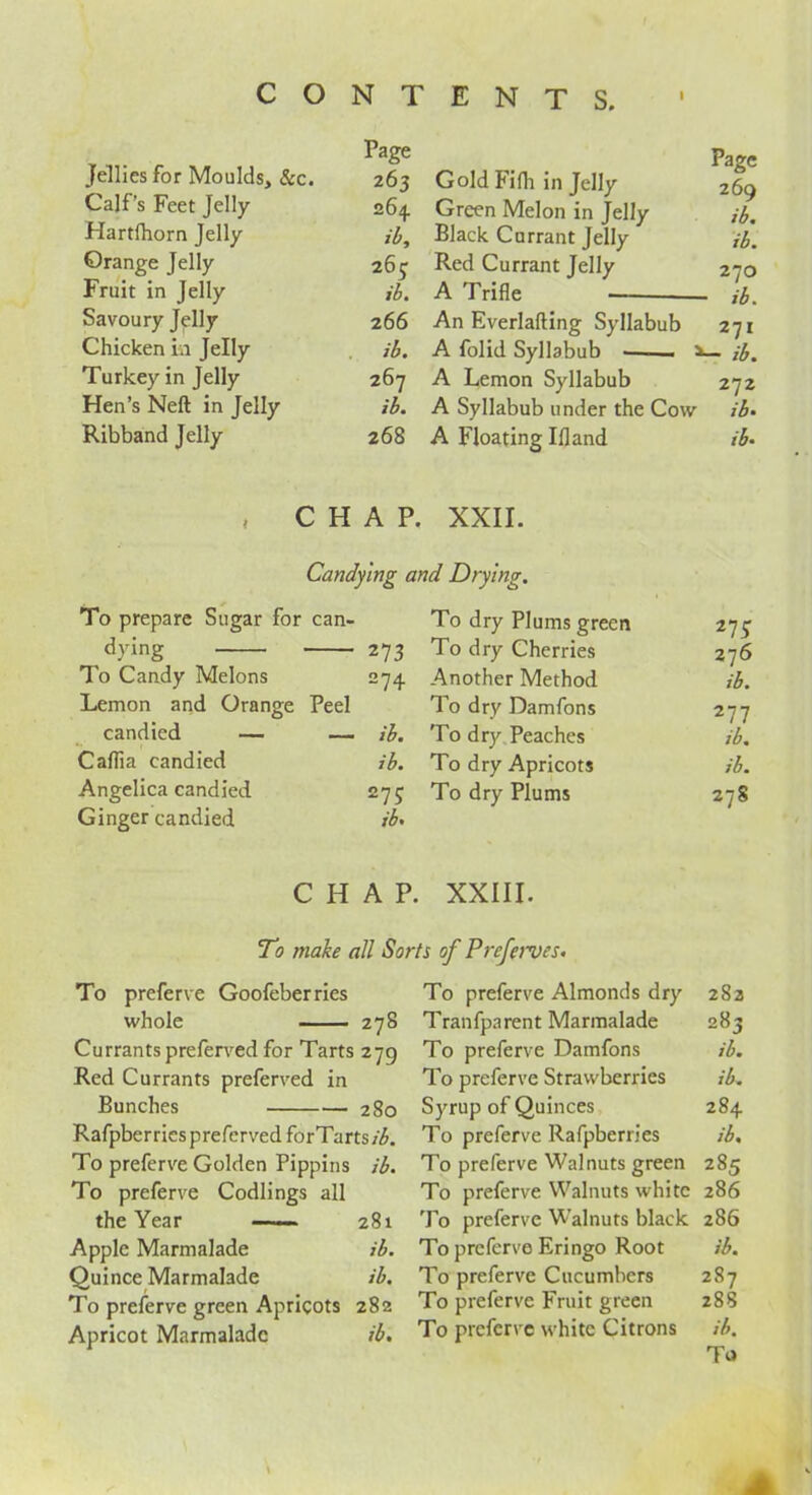 Page Jellies for Moulds, &c. 263 Gold Fifli in Jelly 269 Calf s Feet Jelly 264. Green Melon in Jelly ib, Hartfhorn Jelly ib, Black Currant Jelly ib. Orange Jelly 265; Red Currant Jelly 270 Fruit in Jelly ib. A Trifle — ib. Savoury Jelly 266 An Everlafting Syllabub 271 Chicken in Jelly ib. A folid Syllabub ib. Turkey in Jelly 267 A Lemon Syllabub 272 Hen’s Neft in Jelly ib. A Syllabub under the Cow ib. Ribband Jelly 268 A Floating Ifland ib. , CHAP. XXII. Candying and Drying. To prepare Sugar for can- To dry Plums green 27 7 dying 273 To dry Cherries 276 To Candy Melons 274 Another Method ib. Lemon and Orange Peel To dry Damfons 277 candied — — ib. To dry Peaches ib. Caflia candied ib. To dry Apricots ib. Angelica candied 275 To dry Plums 278 Ginger candied ib. CHAP. XXIII. To make all Sorts of Preferves. To preferve Goofeberries To preferve Almonds dry 282 whole 278 Tranfparent Marmalade 283 Currants preferved for Tarts 279 To preferve Damfons ib. Red Currants preferved in To preferve Strawberries ib. Bunches 280 Syrup of Quinces 284 Rafpberricspreferved forTarts/L To preferve Rafpberries ib. To preferve Golden Pippins ib. To preferve Walnuts green 285 To preferve Codlings all To preferve Walnuts white 286 the Year —281 To preferve Walnuts black 286 Apple Marmalade ib. To preferve Eringo Root ib. Quince Marmalade ib. To preferve Cucumbers 287 To preferve green Apricots 282 To preferve Fruit green 288 Apricot Marmalade ib. To preferve white Citrons ib. 1 To