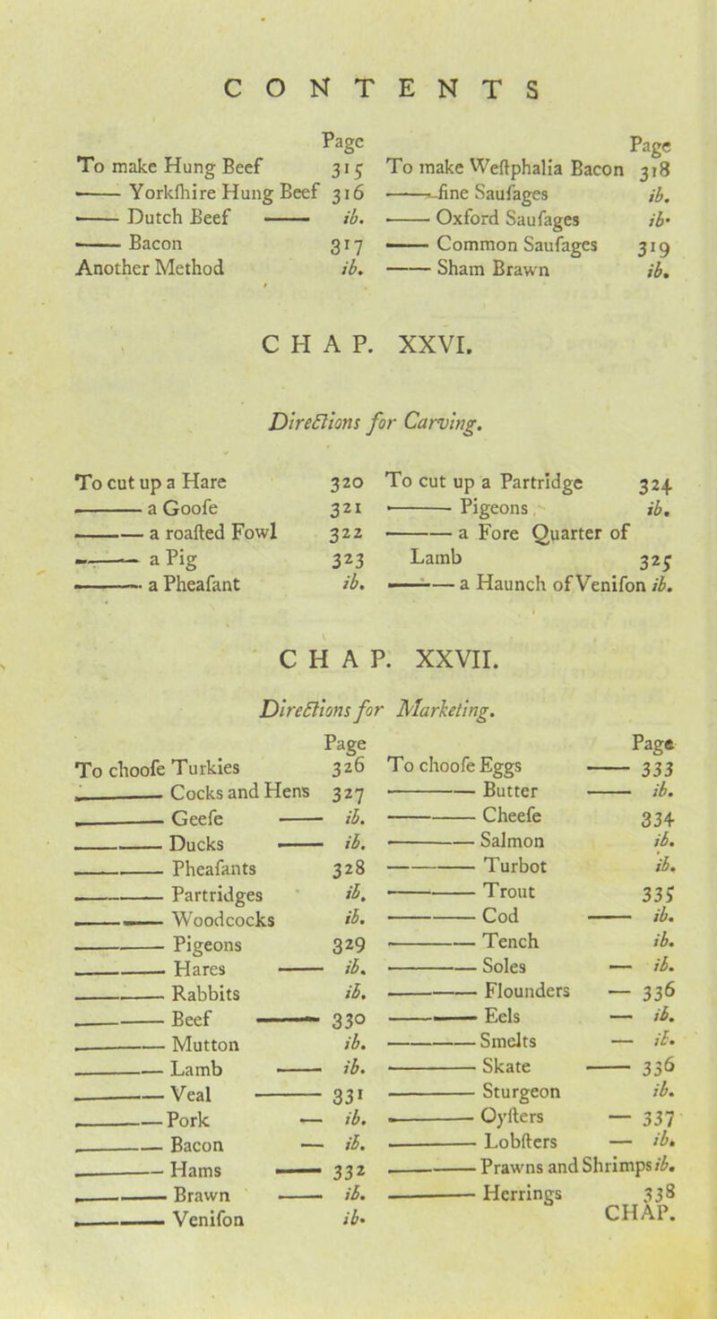 C O N T ENTS Page Page To make Hung Beef 315 To make Weftphalia Bacon 3*8 Yorkfhire Hung Beef 316 ——--fine Saufages ib. • Dutch Beef ib* Oxford Saufages ib• • Bacon 3T7 —• Common Saufages 3!9 Another Method ib. Sham Brawn ib. CHAP. XXVI. Directions for Carving. To cut up a Hare 320 To cut up a Partridge 324 a Goofe 321 • Pigeons ib. a roafted Fowl 322 a Fore Quarter of a Pig 323 Lamb 325 a Pheafant ib. ——— a Haunch of Venifon ib. CHAP. XXVII. Directions for Marketing. Page To choofe Turkies 326 Cocks and Hens 327 .— Geefe ib. Ducks ib. , Pheafants 328 . Partridges ib. . ■ Woodcocks ib- Pigeons 329 . Hares ib. Rabbits ib. Beef 330 . —— Mutton ib. Lamb ib. Veal 331 , Pork •— ib. . Bacon — ib. — —Hams — — 332 .. — Brawn • ■— ib. . — Venifon ib- Page To choofe Eggs 333 ■ Butter ib. Cheefe 334 • Salmon ib. Turbot ib. • Trout 335 Cod ib. Tench ib. Soles — ib. Flounders — 336 - Eels — ib. Smelts — ib. Skate 336 Sturgeon ib. - OyIters — 337 Lobfters — ib* Prawns and Shrimps ib. - Herrings 338