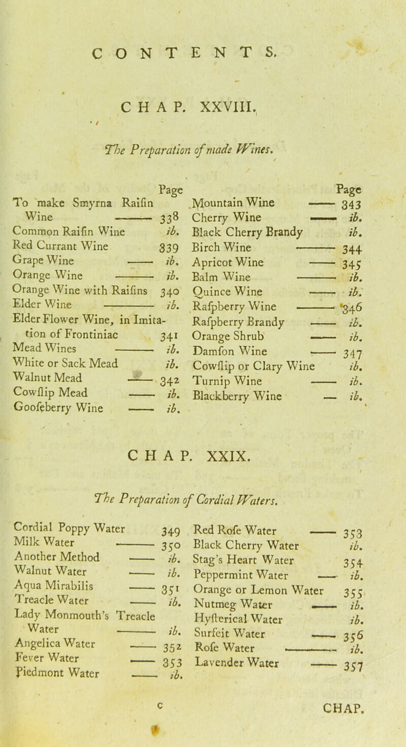 CHAP. XXVIII. • / The Preparation of made Wines. Page Page To make Smyrna Raifin Mountain Wine 343 Wine 338 Cherry Wine —— ib. Common Raifin Wine ib. Black Cherry Brandy ib. Red Currant Wine 339 Birch Wine 344 Grape Wine ib. Apricot Wine 345 Orange Wine ib. Balm Wine ib. Orange Wine with Raifins 340 Quince Wine ib. Elder Wine ib. Rafpberry Wine *346 Elder Flower Wine, in Imita- Rafpberry Brandy ib. tion of Frontiniac 341 Orange Shrub ib. Mead Wines ib. Damfon Wine 347 White or Sack Mead ib. Cowfiip or Clary Wine ib. Walnut Mead 342 Turnip Wine ib. Cowfiip Mead ib. Blackberry Wine — ib. Goofeberry Wine ib. CHAP. XXIX. The Preparation of Cordial Waters. Cordial Poppy Water 349 Milk Water 350 Another Method ib. Walnut Water ib. Aqua Mirabilis 3^1 Treacle Water ib. Lady Monmouth’s Treacle Water ib, Angelica Water 352 Fever Water - Piedmont Water ib. c V Red Rofe Water 353 Black Cherry Water ib. Stag’s Heart Water 354 Peppermint Water ib. Orange or Lemon Water 355 Nutmeg Water —— ib. Hyfterical Water ib. Surfeit Water 356 Rofe Water ■ ib. Lavender Water ■xen