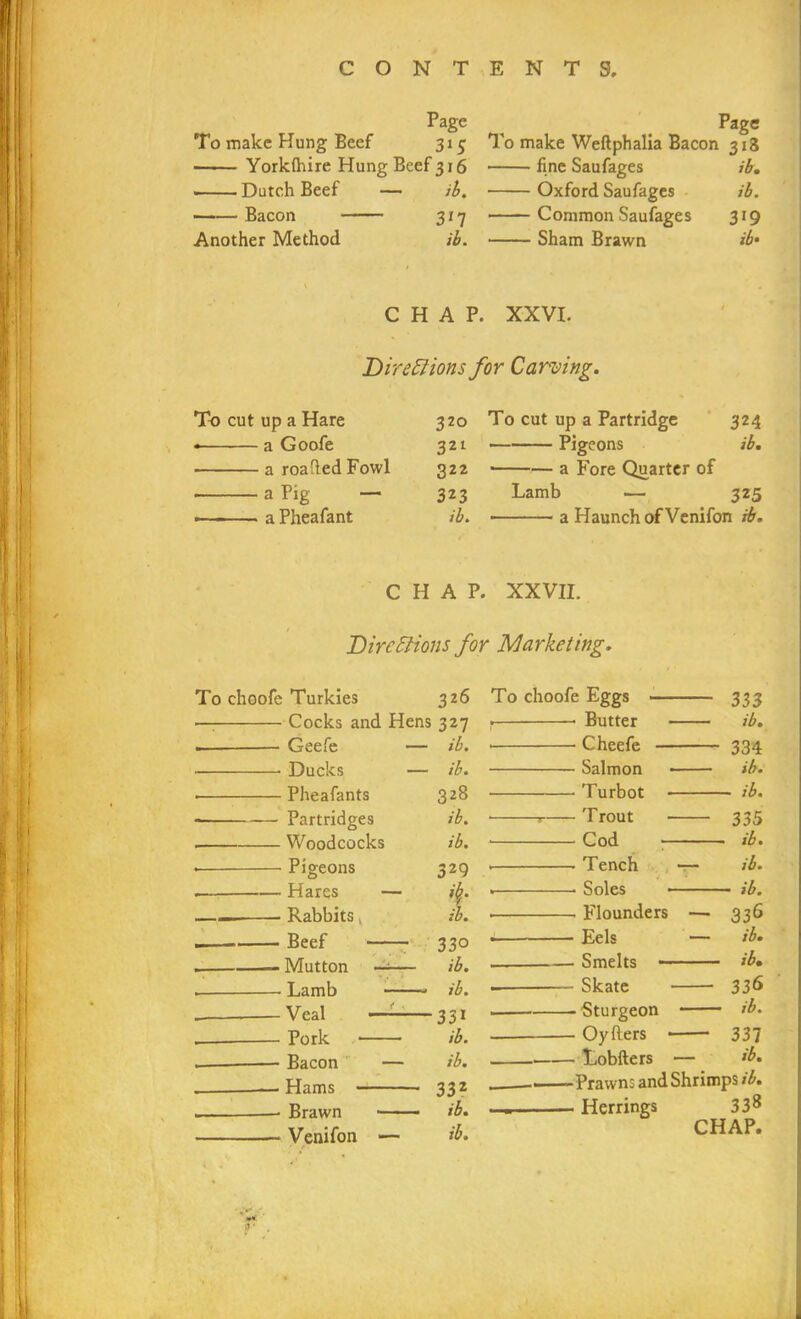 Page Page To make Hung Beef 31? l'o make Weftphalia Bacon 318 —■— Yorkfhire Hung Beef 316 fine Saufages ib. . Dutch Beef — ib. Oxford Saufages ib. Bacon 3'7 Common Saufages 319 Another Method ib. Sham Brawn ib• C HAP. XXVI. / Directions for Carving. To cut up a Hare 320 To cut up a Partridge 324 • a Goofe 321 Pigeons ib. a roafled Fowl 322 • a Fore Quarter of a Pig — 323 Lamb •— 325 ■ aPheafant ib. a Haunch of Venifon ib. CHAP. XXVII. Directions for Marketing. To choofe Turkies 326 Cocks and Hens 327 Geefe — ib. Ducks — ih. Pheafants 32s Partridges ib. Woodcocks ib. Pigeons 3 29 Hares — ibr Rabbits, ib. Beef 33° Mutton —— ib. Lamb ib. Veal — ■331 Pork ib. Bacon — ib. Hams 33z Brawn ib. Venifon — ib. To choofe Eggs 333 • Butter ib. Cheefe 334 Salmon ib. Turbot ib. *- Trout 335 Cod • ib. Tench — ib. Soles ib. Flounders — 336 ■ Eels — >b. Smelts ib• - Skate * 336 -Sturgeon ib. Oyhers 33 7 Lobfters — ib, Prawns and Shrimps ib, — Herrings 33**