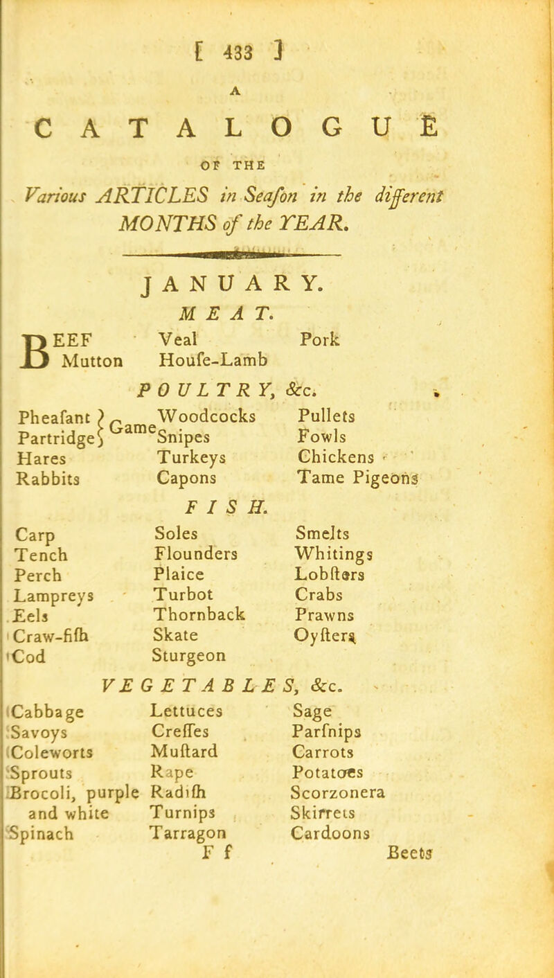 A CATALOGU E OF THE Various ARTICLES in Seafon in the different MONTHS of the TEAR. JANUARY. MEAT. r> EEF Veal Pork X5 Mutton Houfe-Lamb POULTRY, See. Pheafant ? r Woodcocks Pullets Partridge?) meSnipes Fowls Hares Turkeys Chickens - Rabbits Capons Tame Pigeons FISH. Carp Soles Smelts Tench Flounders Whitings Perch Plaice Lobfters Lampreys Turbot Crabs Eels Thornback Prawns Craw-fifh Skate Oyfter^ 'Cod Sturgeon VEGETABLES, &c. Cabbage Lettuces Sage Savoys CrelTes Parfnips Coleworts Muftard Carrots Sprouts Rape Potatoes Brocoli, purple Radifh Scorzonera and white Turnips Skirrets Spinach Tarragon Cardoons
