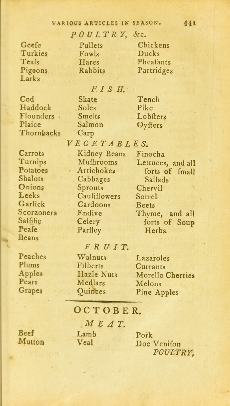 P 0 ULTR Y, Sec. Geefe Pullets Chickens Turkies Fowls Ducks Teals Hares Pheafants Pigeons Rabbits Partridges Larks FISH. Cod Skate Tench Haddock Soles Pike Flounders Smelts Lobfters Plaice Salmon Oyfters Thornbacks Carp VEGETABLES. Carrots Kidney Beans Finocha Turnips Mulhrooms Lettuces, and all Potatoes ' Artichokes forts of fmall Shalots Cabbages Sallads Onions Sprouts Chervil Leeks Cauliflowers Sorrel Garlick Cardoons Beets Scorzonera Endive Thyme, and all Salfifie Celery forts of Soup Peafe Beans Parfley FRUIT. Herbs Peaches Walnuts Lazaroles Plums Filberts Currants Apples Hazle Nuts Morello Cherries Pears Medlars Melons Grapes Quirites Pine Apples OCTOBER. meat. Beef Lamb Pork Mutton Veal Doe Venifon