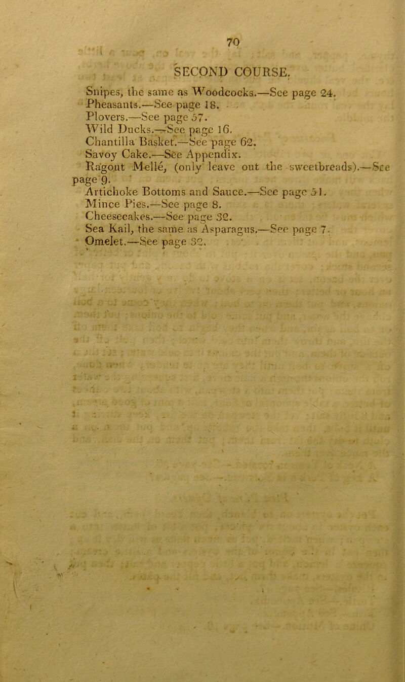 \ (\ * .y* SECOND COURSE. - Snipes, the same as Woodcocks.—See page 24. Pheasants.—See page 18. Plovers.—See page 57- Wild Ducks.—-See page 16. Chantilla Basket.—See page 62. Savoy Cake.—See Appendix. Ragout Melle, (only leave out the sweetbreads).—See page 9. Artichoke Bottoms and Sauce.—See page 51. Mince Pies.—See page 8. Cheesecakes.—See page 32. Sea Kail, the same as Asparagus.—See page 7- Omelet.—See page 32. .. ■■■ /r ■ ■ ■/' ■ ' i '
