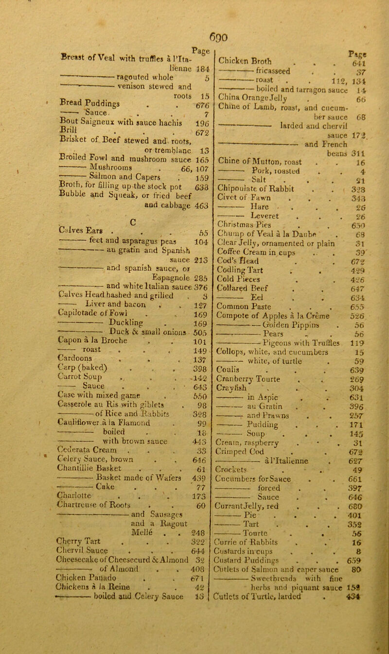 Page Breast of Veal with truffles al’Ita- liennc 184 * f&gouted whole 5 ' — venison stewed and _ roots 15 Bread Puddings . . 676 • Sauce . . 7 Bout Saigneux with sauce hachis 196 ®r!1| „ • .672 Brisket of Beef stewed and. roots, . or tremblanc 13 Broiled Fowl and mushroom sauce 165 Mushrooms . 66, 107 Salmon and Capers . 159 Broth, for filling up.the stock pot 633 Bubble and Squeak, or fried beef and cabbage 463 C Calves Ears • . . 55 * feet and asparagus peas 104 — —— an gratin and Spanish sauce 213 and Spanish sauce, or Espagnole 285 — and white Italian sauce 376 Calves Head hashed and grilled . 3 Liver and bacon , , 127 Capilotade of Fowl . .. 159 * Duckling . 169 ■ Duck & small onions 505 Capon a la Broche . , 101 ■ roast . „ , 149 Cardoons . „ , 137 Carp (baked) ... 398 Carrot Soup . . -142 Sauce . . . • 643 Case with mixed game . 550 Casserole au Ris with giblets . 98 of Rice and Rabbits 328 Cauliflower a la Flamond . 99 boiled . . 18 with blown sauce 443 Cederata Cream . .33 Celery Sauce, brown . . 646 Chantiilie Basket ... 61 Basket made of Wafers 439 • Cake . . . 77 Charlotte . . '. 173 Chartreuse of Roots . . 60 and Sausages and a Ragout MelltJ . . 248 Cherry Tart . . . 322 Chervil Sauce . . . 644 Cheesecake of Cheesecurd &; Almond 32 ■ of Almond . . 408 Chicken Patiado . .671 Chickens a ia Reine . . 42 boiled and Celery Sauce 13 Chicken Broth fricasseed roast — bpiled and tarragon sauce 14 China Orange Jelly . 66 Chine ot Lamb, roast, and cucum- ber sauce 68 larded and chervil sauce 172. — and French beans 311 Chine of Mutton, roast . . 16 Pork, loasted . . 4. Salt ... 21 Chipoulate of Rabbit . . . 328 Civet of Fawn . . . 343 Hare . 26 Leveret . . . 26 Christmas Pies . . 650 Chump of Veal a la Daube . 69 Clear Jelly, ornamented or plain 31 Coffee Cream in cups .. . 39’ Cod’s Bead . . 672 Codling Tart . . 429 Cold Pieces . .426 Collarpd Beef . , 647 Page 641 37 112, 131 Eel . . 634 Common Pas’te . . . 655 Compote of Apples a la Creme 526 — Golden Pippins . 56 Pears . 56 Pigeons with Truffles 119 Collops, white, and cucumbers 15 white, of turtle . 59 Couiis . . . 639 Cranberry Tourte . . 269 Crayfish . .. . 304 in Aspic . . 631 au Gratin . . 396 and Prawns . . 257 Pudding . . .171 Soup . . . 145 Cream, raspberry . • . 31 Crimped Cod . . 672 al’Italienne . 627 Crockets . - 49 Cucumbers for Sauce . . 661 forced . . 397 Sauce . . 646 Currant Jelly, red . . . 680 Pie ... 401 Tart . . . 352 Tourte . . 56 Currie of Rabbits . .' 16 Custards in cups ... 8 Custard Puddings . . . 659 Cutlets of Salmon and caper sauce 80 Sweetbreads wiih fine herbs and piquant sauce 152 Cutlets of Turtle, larded . 434