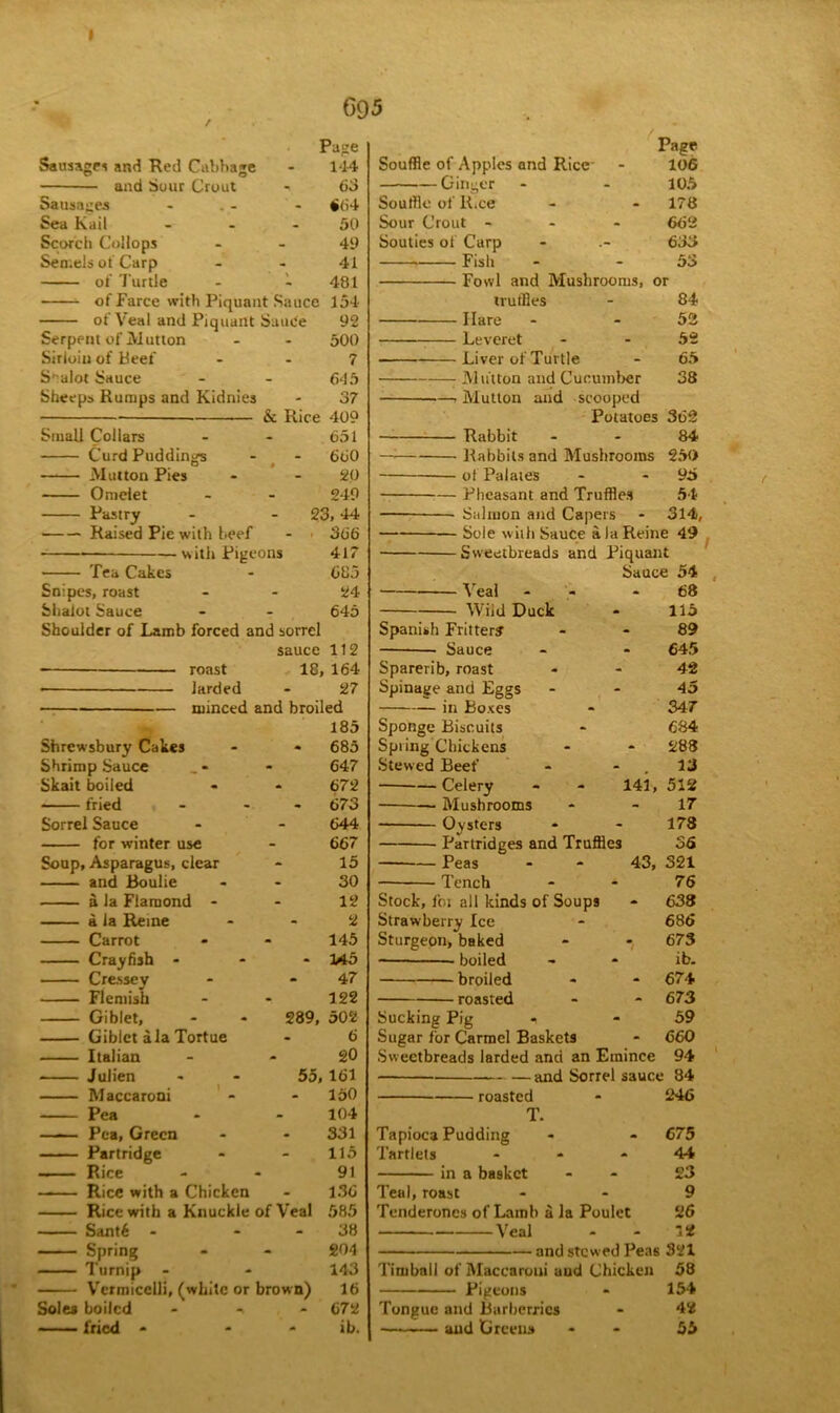 I 095 / Page Sausages and Red Cabbage - 144 and Sour Grout *< 63 Sausages - . - - 664 Sea Kail - - - 50 Scorch Collops - - 49 Semels of Carp - - 41 of Turtle - 1 481 of Farce with Piquant Sauce 154 of Veal and Piquant Sauce 92 Serpent of Mutton - - 500 Sirioiu of Beef 7 S'-alot Sauce - - 645 Sheeps Rumps and Kidnies - 37 Small Collars - 651 Curd Puddings - 660 Mutton Pies - 20 Omelet - 249 Pastry 23, 44 Raised Pie with beef - . 366 — with Pigeons 417 Tea Cakes 685 Snipes, roast - 24 Shalot Sauce - 645 Shoulder of Lamb forced and sorrel sauce 112 roast 18, 164 • larded • 27 — minced and broiled 185 Shrewsbury Cakes * 685 Shrimp Sauce - C47 Skail boiled • 672 fried - 673 Sorrel Sauce - 644 for winter use - 667 Soup, Asparagus, clear - 15 and Boulie - 30 a la Flamond - - 12 a la Reine • 2 Carrot - 145 Crayfish - - 145 Cressey - 47 Flemish - 122 Giblet, 289, 502 Gibict ala Tortue • 6 Italian • 20 Julien 55, 161 Maccaroni - 150 Pea - 104 -■ — Pea, Green • 331 Partridge - 115 Rice 91 Rice with a Chicken • 136 Rice with a Knuckle of Veal 585 Sant6 - - 38 Spring - 201 Turnip 143 Vermicelli, (white or brown) 16 Soles boiled • 672 fried - - ib. Page Souffle of Apples and Rice - 106 —Ginger - - 105 Souffle of ILce - - 178 Sour Grout - 662 Souties of Carp - 633 . Fish - - 53 Fowl and Mushrooms, or truffles - 84 Ilare - - 52 Leveret - - 52 Liver of Turtle - 65 : Mutton and Cucumber 38 —t Mutton and scooped Potatoes 362 Rabbit - - 84 —: Rabbits and Mushrooms 250 of Palates - - 95 Pheasant and Truffles 54 —— Salmon and Capers - 314, Sole with Sauce alaReine 49 Sweetbreads and Piquant Sauce 54 Veal - 68 Wild Duck - 115 Spanish Fritter? - - 89 Sauce - - 645 Sparerib, roast - - 42 Spinage and Eggs 45 in Boxes « 347 Sponge Biscuits - 684 Spring Chickens - - 288 Stewed Beef - 13 Celery - - 141, 512 Mushrooms - - 17 Oysters - - 178 Partridges and Truffles 36 Peas - - 43, 321 Tench - - 76 Stock, foi all kinds of Soup9 - 638 Strawberry Ice - 686 Sturgeon, baked - 673 • boiled - * ib. broiled - - 674 roasted - - 673 Sucking Pig *1 - 59 Sugar for Carmel Baskets * 660 Sweetbreads larded and an Emince 94 and Sorrel sauce 84 roasted - 246 T. Tapioca Pudding - - 675 Tartlets 44 in a basket - 23 Teal, roast 9 Tenderones of Lamb a la Poulet 26 Veal - - 12 and stewed Peas 321 Timball of Maccaroui uud Chicken 58 Pigeons - 154 Tongue and Barberries - 42 — and Greens - 55