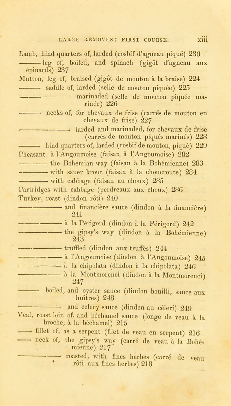 Lamb, hind quarters of, larded (rosbif d’agneau pique) 236 leg of, boiled, and spinach (gigot d’agneau aux epinards) 237 Mutton, leg of, braised (gigot de mouton a la braise) 224 saddle of, larded (selle de mouton piquee) 225 marinaded (selle de mouton piquee ma- rinee) 226 necks of, for chevaux de frise (carres de mouton en chevaux de frise) 227 larded and marinaded, for chevaux de frise (carres de mouton piques marines) 228 hind quarters of, larded (rosbif de mouton, pique) 229 Pheasant a l’Angoumoise (faisan a 1’Angoumoise) 282 the Bohemian way (faisan a la Bohemienne) 283 with sauer krout (faisan & la choucroute) 284 with cabbage (faisan au choux) 285 Partridges with cabbage (perdreaux aux cboux) 286 Turkey, roast (dindon roti) 240 and financiere sauce (dindon a la financiere) 241 a la Perigord (dindon a la Perigord) 242 the gipsy’s way (dindon a la Bohemienne) 243 truffled (dindon aux truffes) 244 a l’Angoumoise (dindon a l’Angoumoise) 245 a la chipolata (dindon a la chipolata) 246 a la Montmorenci (dindon a la Montmorenci) 247 boiled, and oyster sauce (dindon bouilli, sauce aux huitres) 248 • and celery sauce (dindon au celeri) 249 Veal, roast loin of, and bechamel sauce (longe de veau a la broche, a la bechamel) 215 fillet of, as a serpent (filet de veau en serpent) 216 neck of, the gipsy’s way (carre de veau a la Bohe- mienne) 217 roasted, with fines herbes (carre de * roti aux fines herbes) 218 veau