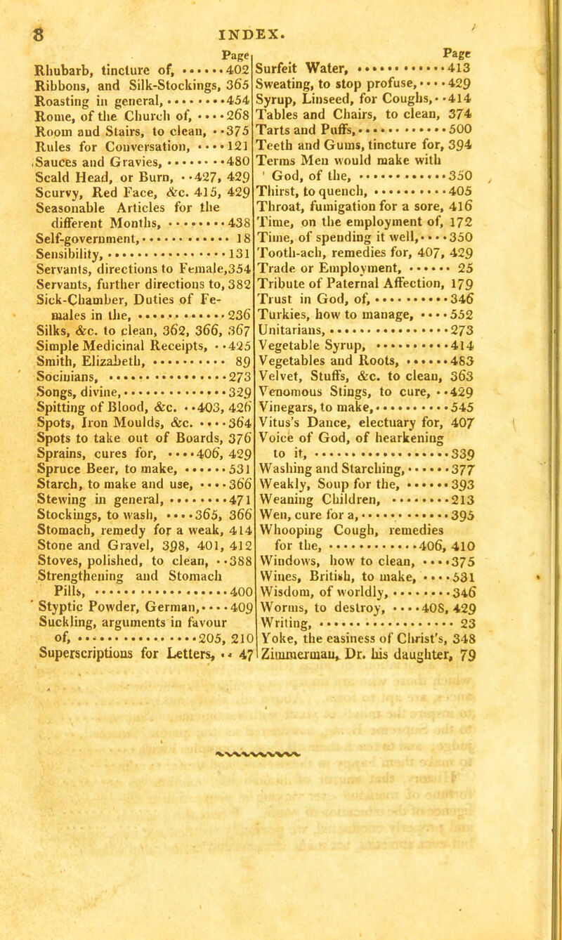 ) Page Rhubarb, tincture of, 402 Ribbons, and Silk-Stockings, 365 Roasting in general, 454 Rome, of the Church of, ••••268 Room aud Stairs, to clean, **375 Rules for Conversation, ••••121 ■ Sauces and Gravies, 480 Scald Head, or Burn, ••427, 429 Scurvy, Red Face, &c. 415, 429 Seasonable Articles for the different Months, 438 Self-government, 18 Sensibility, 131 Servants, directions to Female,354 Servants, further directions to, 382 Sick-Chamber, Duties of Fe- males in the, •••••• 236 Silks, &c. to clean, 362, 366, 367 Simple Medicinal Receipts, ••425 Smith, Elizabeth, 89 Sociuians, 273 Songs, divine, 329 Spitting of Blood, &c. • *403, 426 Spots, Iron Moulds, &c. ••••364 Spots to take out of Boards, 376 Sprains, cures for, ••••406, 429 Spruce Beer, to make, 531 Starch, to make and use, • • • • 366 Stewing in general, •••471 Stockings, to wash, • • • *365, 366 Stomach, remedy for a weak, 414 Stone and Gravel, 398, 401, 412 Stoves, polished, to clean, *-388 Strengthening and Stomach Pills, 400 ' Styptic Powder, German,* •• •409 Suckling, arguments in favour of, 205, 210 Superscriptions for Letters, • • 47 Page Surfeit Water, 413 Sweating, to stop profuse, • • • • 429 Syrup, Linseed, for Coughs, •• 414 Tables and Chairs, to clean, 374 Tarts and Puffs, 500 Teeth and Gums, tincture for, 394 Terms Men would make with 1 God, of the, 350 Thirst, to quench, 405 Throat, fumigation for a sore, 416 Time, on the employment of, 172 Time, of spending it well,* • • *350 Tooth-ach, remedies for, 407, 429 Trade or Employment, 25 Tribute of Paternal Affection, 179 Trust in God, of, 346 Turkies, how to manage, • • • • 552 Unitarians, 273 Vegetable Syrup, 414 Vegetables and Roots, 483 Velvet, Stuffs, &c. to clean, 363 Venomous Stings, to cure, »*429 Vinegars, to make, 545 Vitus’s Dance, electuary for, 407 Voice of God, of hearkening to it, 339 Washing and Starching, 377 Weakly, Soup for the, *393 Weaning Children, 213 Wen, cure for a, 395 Whooping Cough, remedies for the, 406, 410 Windows, how to clean, ••••375 Wines, British, to make, ••••531 Wisdom, of worldly, 346 Worms, to destroy, • • • • 40S, 429 Writing, 23 Yoke, the easiness of Christ's, 348 Zimmerman* Dr. his daughter, 79