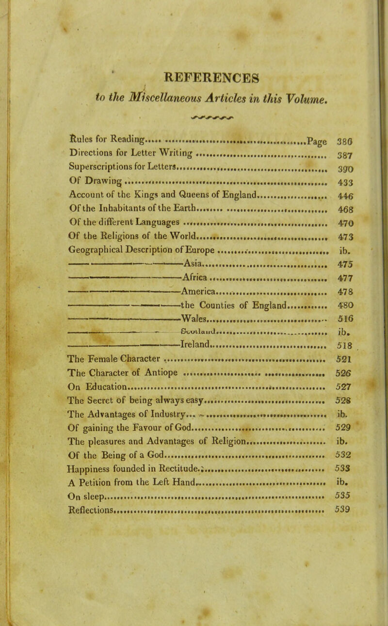 REFERENCES to the Miscellaneous Articles in this Volume. Rules for Reading , page 380 Directions for Letter Writing 337 Superscriptions for Letters, 3g-g Of Drawing 433 Account of the Kings and Queens of England 446 Of the Inhabitants of the Earth....... , 468 Of the different Languages 470 Of the Religions of the World......... 473 Geographical Description of Europe ib. Asia 475 — * Africa 477 , —— America 478 — the Counties of England 480 * Wales 516 ■ ■ —■ - — £k;utlamJ... ib. —Ireland 518 The Female Character . 521 The Character of Antiope .................. 526 On Education *...... 527 The Secret of being always easy........ 528 The Advantages of Industry... ib. Of gaining the Favour of God 529 The pleasures and Advantages of Religion.. ib. Of the Being of a God 532 Happiness founded in Rectitude.; 533 A Petition from the Left Hand ib. On sleep 535 Reflections.. 539