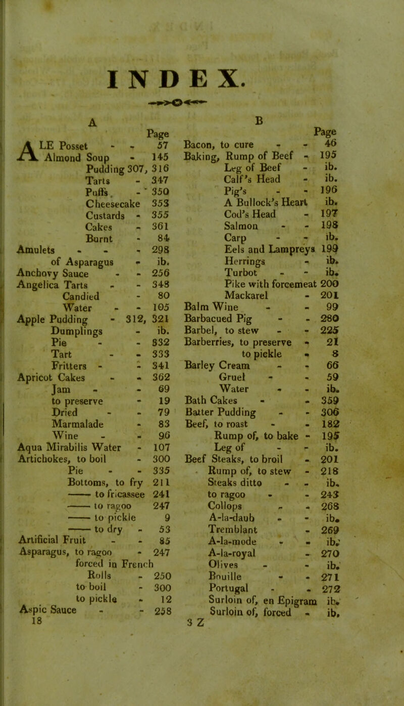 INDEX. A A LE Posset il Almond Soup • Page 57 - 145 Pudding 307j 316 Tarts - 347 Puftk. • 350 Cheesecake 353 Custards 355 Cakes 361 Burnt 84 Amulets 298 of Asparagus ib. Anchovy Sauce 256 Angelica Tarts - 348 Candied 80 Water 105 Apple Pudding 312, 321 Dumplings ib. Pie 332 Tart 333 Fritters - 341 Apricot Cakes 362 Jam 69 to preserve 19 Dried 79 Marmalade 83 Wine 96 Aqua Mirabilis Water 107 Artichokes, to boil 300 Pie 335 Bottoms, to fry 211 to fricassee 241 to ragoo 247 to pickle 9 to dry m 53 Artificial Fruit - 35 Asparagus, to ragoo m 247 forced in French Rolls m 250 to boil - 300 to pickle 12 Aspic Sauce - 258 B Page Bacon, to cure 46 Baking, Rump of Beef 195 Leg of Beef ib. Calf's Head ib. Pig's 196 A Bullock's Heart ib. Cod's Head 197 Salmon 198 Carp ib. Eels and Lampreys 199 Herrings ib. Turbot ib* Pike with forcemeat 200 Mackarel 201 Balm Wine 99 Barbacued Pig 280 Barbel, to stew 225 Barberries, to preserve 21 to pickle 8 Barley Cream 66 Gruel 59 Water ib. Bath Cakes 359 Batter Pudding 306 Beef, to roast 182 Rump of, to bake 195 Leg of ib. Beef Steaks, to broil 201 Rump of, to stew 218 Steaks ditto ib. to ragoo 243 Collops 268 A-la-daub ib* Tremblant 269 A-la-mode ib.’ A-la-royal 270 Olives ib. Bouille 271 Portugal 272 Surloin of, en Epigram ib* Surloin of, forced ib.