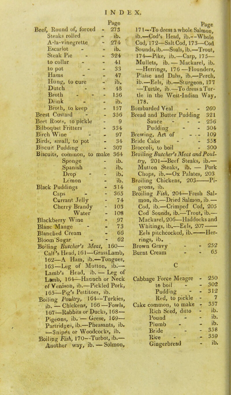 Page Beef, Round of, forced - 273 Steaks rolled - ib. A-la-vinegrette • 274 Escarlot - ib. Steak Pie - 324 to collar - 41 to pot - 33 Hams - 47 Hung, to cure - ib. Dutch - 48 Broth - 156 Drink • ib. Broth, to keep - 157 Beest Custard • 356 Beet Roots, to pickle - 9 Bilboquet Fritters - 334 Birch Wine m 97 Birds, small, to pot - 34 Biscuit Pudding - 307 Biscuits, common, to make 364 Sponge - ib. Spanish - ib. Drop - ib. Lemon - ib. Black Puddings m 314 Caps - 365 Currant Jelly - 74 Cherry Brandy - 103 Water - 108 Blackberry Wine - 97 Blanc Mange • 73 Blanched Cream m 66 Bloom Sugar - 62 Boding Butcher’s Meat, 160— Calf’s Head, 161—GrassLamb, 162— A Ham, ib.—Tongues, 163— Leg of Mutton, ib.— Lamb’s Head, ib. — Leg of Lamb, 164—Haunch or Neck of Venison, ib.—Pickled Pork, 165—Pig’s Pettitoes, ib. Boiling Poultry, 164—Turkies, ib. — Chickens, 166—Fowls, 167—Rabbits or Ducks, 168 — Pigeons, ib. — Geese, 169— Partridges, ib.—Pheasants, ib. —Snipes or Woodcocks, ib. Boiling Fisk, 170—Turbot, ib.— Another way, ib. — Soltnon, Page 171—-To dress a whole Salmon, ib.—Cod’s Head, ib.--Whole Cod, 172—Salt Cod, 173—Cod Sounds, ib.—Soals, ib.—Trout, 174—Pike, ib.—Carp, 175— Mullets, ib. — Mackarel, ib. —Herrings, 176—Flounders, Plaise and Dabs, ib.—-Perch, ib.—Eels, ib.—Sturgeon, 177 —Turtle, ib.—To dress aTur- tle in the West-Indian Way, 178. Bombarded Veal - - 260 Bread and Butter Pudding 321 Sauce - - 256 Pudding - - 304 Brewing, Art of - 109 Bride Cake - - 358 Broccoli, to boil - 300 Broiling Butcher’s Meat and Poul- try, 201—-Beef Steaks, ib.— Mutton Steaks, ib. — Pork Chops, ib.—Ox Palates, 203 Broiling Chickens, 203 Pi- geons, ib. Broiling Fish, 204—Fresh Sal- mon, ib.—Dried Salmon, ib.— Cod, ib.—Crimped Cod, 205 Cod Sounds, ib.—Trout, ib.— Mackarel, 206—Haddocks and Whitings, ib.—Eels, 207 Eels pitchcocked, ib. Her- rings, ib. Brown Gravy - 252 Burnt Cream * 65 C Cabbage Force Meagre . 250 to boil - 302 Pudding - 312 Red, to pickle - 7 Cake common, to make - 357 Rich Seed, ditto - ib. Pound - ib. Plumb - ib. Bride - 358 Rice - 359 Gingerbread -