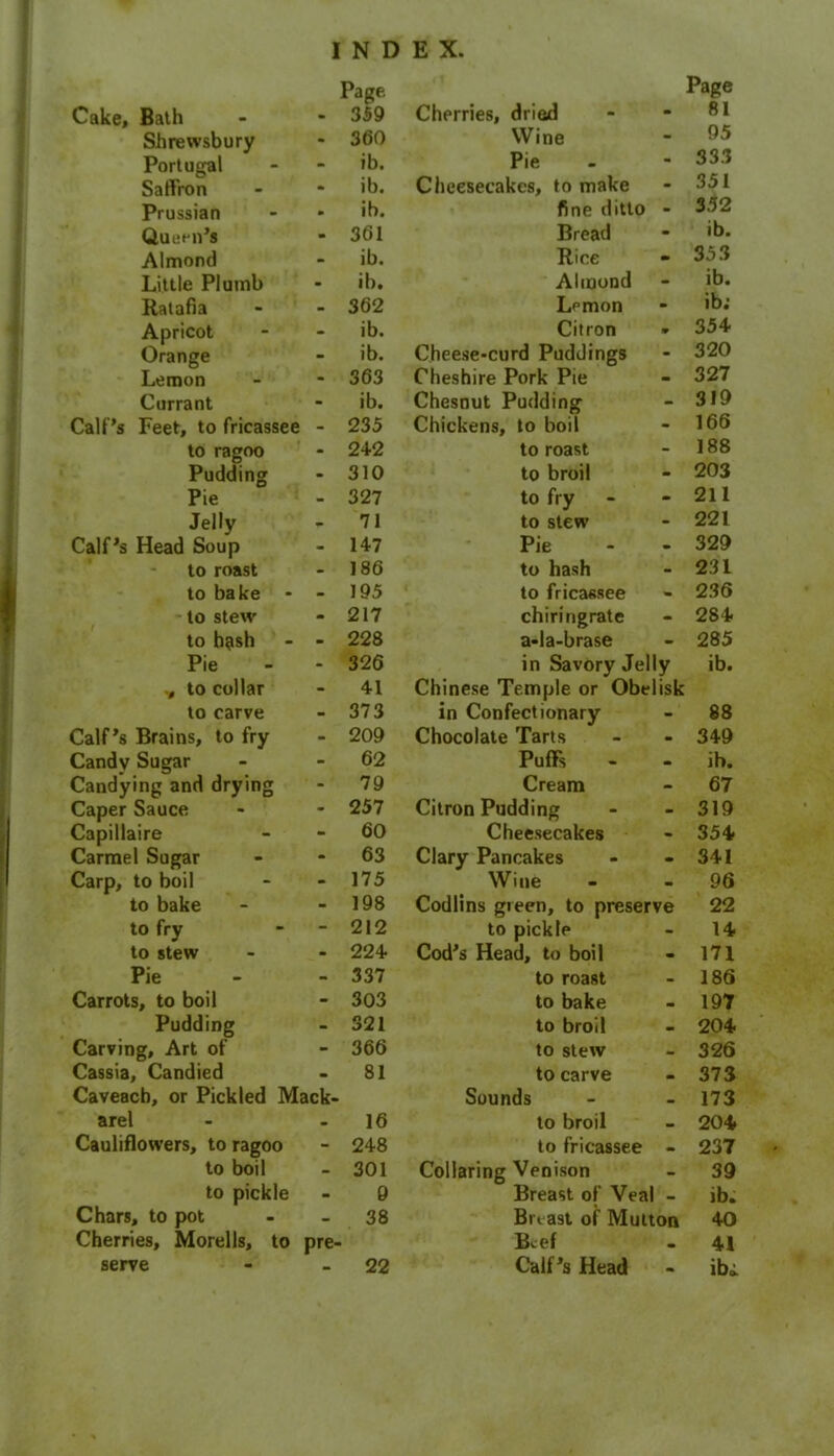 Cake, Bath Page. 359 Cherries, dried m Page 81 Shrewsbury - 360 Wine - 95 Portugal - ib. Pie - 333 Saffron - ib. Cheesecakes, to make - 351 Prussian . ib. fine ditto - 352 Queen’s ■ 361 Bread - ib. Almond - ib. Rice - 353 Little Plumb - ib. Almond - ib. Ratafia 362 Lemon m ib; Apricot - ib. Citron 9 354 Orange - ib. Cheese-curd Puddings - 320 Lemon - 363 Cheshire Pork Pie - 327 Currant - ib. Chesnut Pudding - 319 Calf’s Feet, to fricassee - 235 Chickens, to boil - 166 to ragoo - 242 to roast - 188 Pudding • 310 to broil - 203 Pie - 327 to fry - 211 Jelly - 71 to stew - 221 Calf’s Head Soup - 147 Pie - 329 to roast . 186 to hash - 231 to bake - - 195 to fricassee . 236 to stew - 217 chiringrate - 284 to b?sh - 228 a-la-brase - 285 Pie - 326 in Savory Jelly ib. , to collar - 41 Chinese Temple or Obelisk to carve - 373 in Confectionary - 88 Calf’s Brains, to fry - 209 Chocolate Tarts ■ 349 Candy Sugar - 62 Puffs - m ih. Candying and drying - 79 Cream - 67 Caper Sauce - 257 Citron Pudding - 319 Capillaire - 60 Cheesecakes - 354 Carmel Sugar - 63 Clary Pancakes m 341 Carp, to boil - 175 Wine - 96 to bake - 198 Codlins green, to preserve 22 to fry - 212 to pickle - 14 to stew - 224 Cod’s Head, to boil 171 Pie - 337 to roast . 186 Carrots, to boil - 303 to bake • 197 Pudding - 321 to broil 204 Carving, Art of - 366 to stew - 326 Cassia, Candied . 81 to carve m 373 Caveacb, or Pickled Mack- Sounds 173 arel - 16 to broil 204 Cauliflowers, to ragoo - 248 to fricassee • 237 to boil - 301 Collaring Venison - 39 to pickle - 9 Breast of Veal - ib. Chars, to pot - 38 Breast of Mutton 40 Cherries, Morells, to pre- B,ef • 41 serve - 22 Calf’s Head ibi