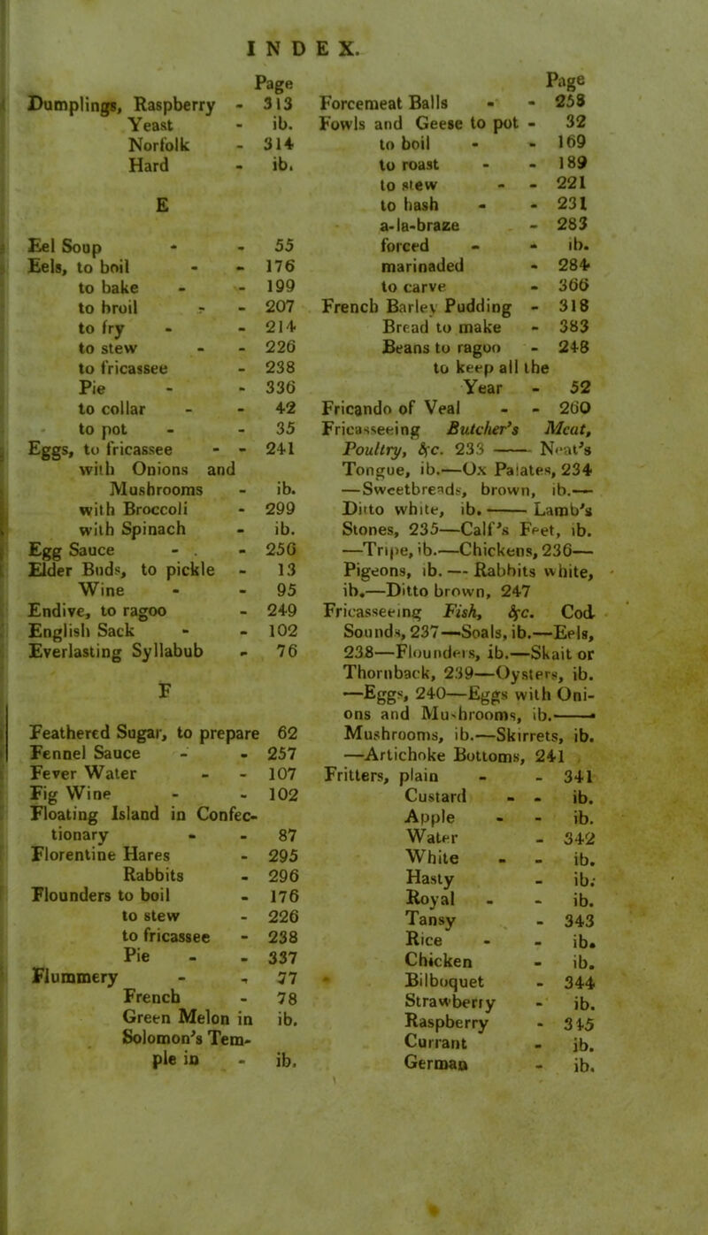 Page Dumplings, Raspberry - 313 Yeast - ib. Norfolk - 314 Hard - ib. E Eel Soup * - 55 Eels, to boil - - 176 to bake - - 199 to broil r - 207 to fry - - 214 to stew - - 226 to fricassee - 238 Pie - - 336 to collar - 42 to pot - 35 Eggs, to fricassee - - 241 with Onions and Mushrooms - ib. with Broccoli - 299 with Spinach - ib. Egg Sauce - . - 256 Elder Buds, to pickle - 13 Wine - - 95 Endive, to ragoo - 249 English Sack - - 102 Everlasting Syllabub - 76 F Feathered Sugar, to prepare 62 Fennel Sauce - - 257 Fever Water - - 107 Fig Wine - - 102 Floating Island in Confec- tionary - - 87 Florentine Hares - 295 Rabbits - 296 Flounders to boil - 176 to stew - 226 to fricassee - 238 Pie - - 337 Flummery - , J7 French - 78 Green Melon in ib. Solomon's Tem- ple in - ib. Page Forcemeat Balls - - 258 Fowls and Geese to pot - 32 to boil - - 169 to roast - - 189 to stew - - 221 to hash - - 231 a-la-braze - 283 forced - - ib. marinaded - 284 to carve - 366 French Barley Pudding - 318 Bread to make - 383 Beans to ragoo - 248 to keep all the Year - 52 Fricando of Veal - - 260 Fricasseeing Butcher’s Meat, Poultry, &)C. 233 Neat's Tongue, ib.—Ox Palates, 234 — Sweetbreads, brown, ib.—- Ditto white, ib. Lamb's Stones, 235—Calf's Feet, ib. —Tripe, ib.—Chickens, 236— Pigeons, ib. — Rabbits white, ib.—Ditto brown, 247 Fricassee i ng Fish, fyc. Cod- Sounds, 237 —Soals, ib.—Eels, 238—Flounders, ib.—Skait or Thornback, 239—Oysters, ib. —Eggs» 240—Eggs with Oni- ons and Mu'hrooms, ib. • Mushrooms, ib.—Skirrets, ib. —Artichoke Bottoms, 241 Fritters, plain - - 341 Custard - - ib. Apple - - ib. Water - 342 White - - ib. Hasty _ ib; Royal - - ib. Tansy - 343 Rice - - ib. Chicken - ib. Bilboquet - 344 Strawberry - ib. Raspberry - 345 Currant - ib. German - ib.