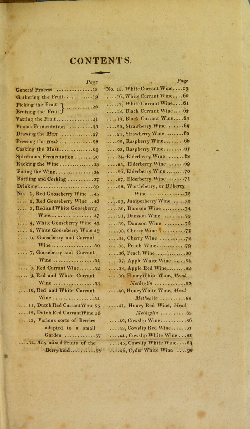 CONTENTS. Pone General Process 18 Gathering the Fruit 19 Picking the Fruit > ^ Bruising the Fruit / Vatting the Fruit .21 Vinous Fermentation 23 Drawing the Must .27 Pressing the Husk 28 Casking the Must 29 Spirituous Fermentation ,.30 Racking the Wine 33 Fining the Wine , .. .34 Bottling and Corking 37 Drinking 39 ■No. 1, Red Gooseberry Wine ..45 .... 2, Red Gooseberry Wine . .46 .... 3, Red and White Gooseberry Wine. 47 .... 4, White Gooseberry Wine 43 5, White Gooseberry Wine 49 .... b. Gooseberry and Currant Wine so 7, Gooseberry and Currant Wine 51 .... 8, Red Currant Wine 52. .... 9, Red uud White Currant Wine 53 ... .10, Red and White Currant Wine 54 .... 11, Dutch Red CurrantWine 55 .... 12, Dutch Red CurrantWine 56 ....13, Various sorts of Berries adapted to a small Garden 57 .. ... 14, Any mixed Fruits of the Berry kiud 58 •P<J«e ^No. 15, White Currant Wine... .59. .... 16, White Currant Wine... .60 .... 17, White Currant Wine.,. .6l ...-. 18, Elack Currant Wine... .6f .... 19, Black Currant Wine 6.1 20, Strawberry Wine 64 ... .21, Strawberry Wine 65 .....22, Raspberry Wine 66 ....23, Raspberry Wine .67 ... .24, Elderberry Wine 68 ....25, F.lderberry Wine 69 ... .26, Elderberry Wine 70 ... .27, Elderberry Wine 71 ... .28, Wortleberry, or Bilberry Wine 7~ . .1.29, Juniperberrv Wine .... .73 30, Dainson Wine 74 .. . .31, Damson Wine 75 ... .30, Damson Wine 7 S ....33, Cherry Wine *. 77 ... .34, Cherry Wine 7& ... .3.5, Peach Wine 79 ... .36, Peach Wine i 80 ... .37, Apple White Wine .... .81 ... .38, Apple Red Wine 82 ... .39, HoneyWhite Wine, Mead Metheglin 83 ... .40, HoneyWhite Wine, Mead Metheglin 84 ....41, Honey Red Wine, Mead Metheglin 85 ... .42, Cowslip Wine. 86 ... .43, Cowslip Red Wine 87 ... .44, Cowslip White Wine . . .88 .... 45, Cowslip White Wine.... 89 .. ..46, Cyder White Wine ....90