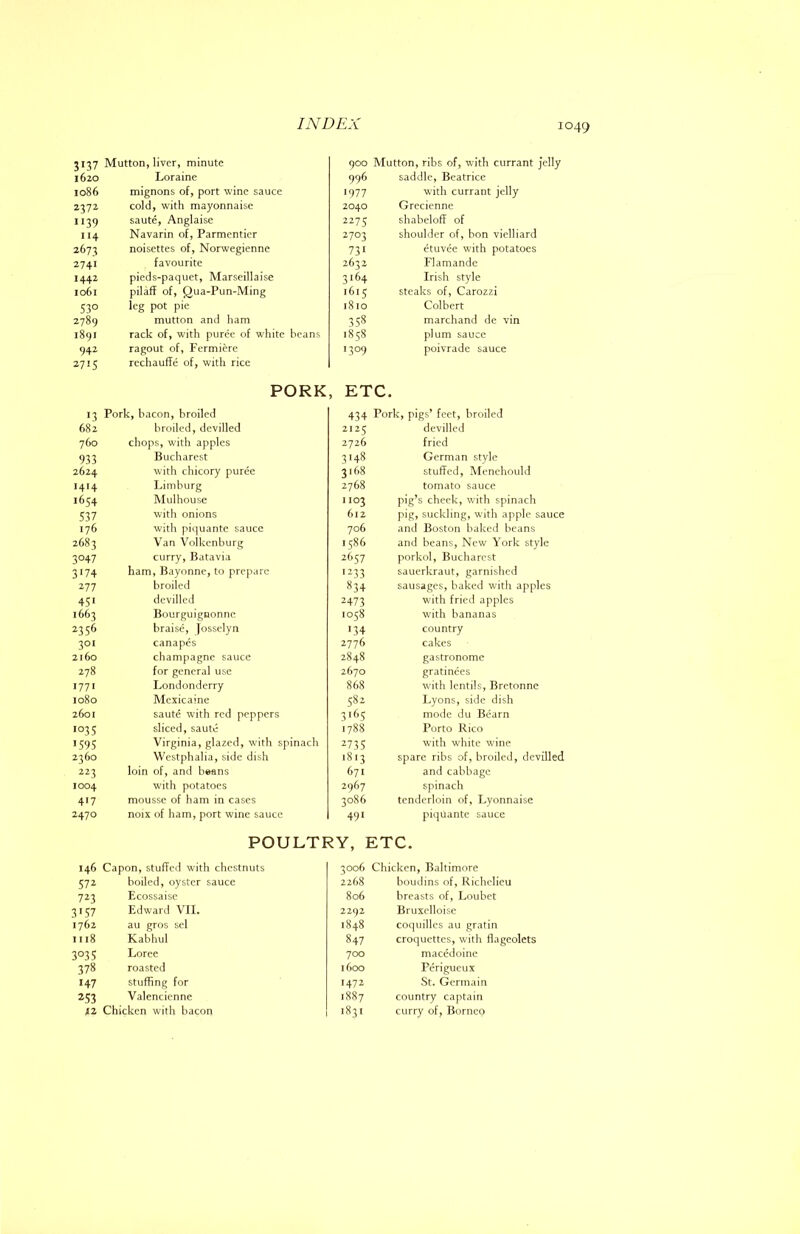 3137 Mutton, liver, minute 900 Mutton, ribs of, with currant jelly 1620 Loraine 996 saddle, Beatrice 1086 mignons of, port wine sauce 1977 with currant jelly 2372 cold, with mayonnaise 2040 Grecienne 1139 saute, Anglaise 2275 shabeloff of 114 Navarin of, Parmenticr 2703 shoulder of, bon vielliard 2673 noisettes of, Norwegienne 731 etuvee with potatoes 2741 favourite 2632 Flamande 1442 pieds-paquet, Marseillaise 3164 Irish style 1061 pilaff of, Qua-Pun-Ming 1615 steaks of, Carozzi 530 leg pot pie 1810 Colbert 2789 mutton and ham 358 marchand de vin 1891 rack of, with puree of white beans 1858 plum sauce 942 ragout of, Fermiere 1309 poivrade sauce 2715 rechauffe of, with rice PORK , ETC. 3 Pork, bacon, broiled 434 Pork, pigs* feet, broiled 682 broiled, devilled 2125 devilled 760 chops, with apples 2726 fried 933 Bucharest 3148 German style 2624 with chicory puree 3168 stuffed, Menchould 1414 Limburg 2768 tomato sauce 1654 Mulhouse 1103 pig’s cheek, wdth spinach 537 with onions 612 pig, suckling, wdth apple sauce 176 with piquante sauce 706 and Boston baked beans 2683 Van Volkenburg 1586 and beans, New York style 3047 curry, Batavia 2657 porkol, Bucharest 3'74 ham, Bayonne, to prepare 1233 sauerkraut, garnished 277 broiled 834 sausages, baked with apples 45‘ devilled 2473 wdth fried apples 1663 Bourguignonne 1058 with bananas ^356 braise, Josselyn >34 country 301 canapes 2776 cakes 2160 champagne sauce 2848 gastronome 278 for general use 2670 gratinees >771 Londonderry 868 with lentils, Bretonne 1080 Mexicaine 582 Lyons, side dish 2601 saute with red peppers 3'^5 mode du Bearn i°35 sliced, saute 1788 Porto Rico >595 Virginia, glazed, with spinach ^735 with white wine 2360 Westphalia, side dish 1813 Sparc ribs of, broiled, devilled loin of, and beans 671 and cabbage 1004 with potatoes 2967 spinach 417 mousse of ham in cases 3086 tenderloin of, Lyonnaise 2470 noix of ham, port wine sauce 49 > piqUante sauce POULTRY, ETC. 146 Capon, stuffed with chestnuts 3006 Chicken, Baltimore 57i boiled, oyster sauce 2268 boudins of, Richelieu 723 Ecossaisc 806 breasts of, Loubet 3 >57 Edward VIE 2292 Bruxelloise 1762 au gros sel 1848 coquilles au gratin U18 Kabhul 847 croquettes, with flageolets 3035 Loree 700 macedoine 378 roasted 1600 Perigueux >47 stuffing for 1472 St. Germain 253 Valencicnne 1S87 country captain iz Chicken with bacon 1831 curry of, Borneo