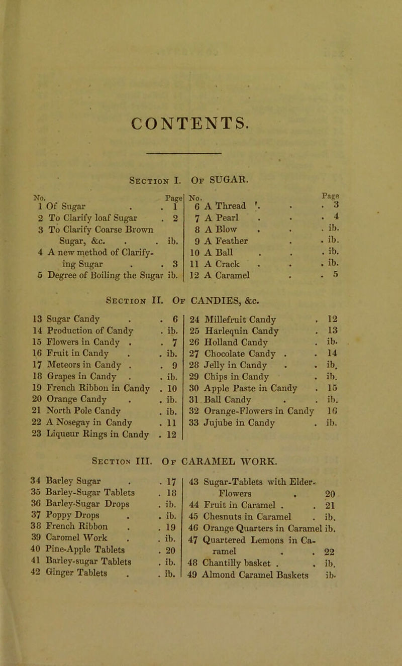 CONTENTS. Section I. Of SUGAR. No. Page No. Page 1 Of Sugar 1 6 A Thread \ . 3 2 To Clarify loaf Sugar 2 7 A Pearl . 4 3 To Clarify Coarse Brown 8 A Blow . ib. Sugar, &c. ib. 9 A Feather . ib. 4 A new method of Clarify- 10 A Ball . ib. ing Sugar 3 11 A Crack . ib. 5 Degree of Boiling the Sugar ib. 12 A Caramel . 5 Section II. Of CANDIES, &c. 13 Sugar Candy . . G 14 Production of Candy . ib. 15 Flowers in Candy . . 7 16 Fruit in Candy . . ib. 17 Meteors in Candy . . 9 18 Grapes in Candy . . ib. 19 French Ribbon in Candy . 10 20 Orange Candy . . ib. 21 North Pole Candy . ib. 22 A Nosegay in Candy . 11 23 Liqueur Rings in Candy . 12 24 Millefruit Candy . 12 25 Harlequin Candy . 13 26 Holland Candy . ib. 27 Chocolate Candy . .14 28 Jelly in Candy . . ib. 29 Chips in Candy . ib. 30 Apple Paste in Candy . 15 31 Ball Candy . . ib. 32 Orange-Flowers in Candy 16 33 Jujube in Candy . ib. Section III. Of CARAMEL WORK. 34 Barley Sugar . . 17 35 Barley-Sugar Tablets . 18 36 Barley-Sugar Drops . ib. 37 Poppy Drops . . ib. 38 French Ribbon . .19 39 Caromel Work . . ib. 40 Pine-Apple Tablets . 20 41 Barley-sugar Tablets . ib. 42 Ginger Tablets . . ib. 43 Sugar-Tablets with Elder- Flowers . 20 44 Fruit in Caramel . . 21 45 Chesnuts in Caramel . ib. 46 Orange Quarters in Caramel ib. 47 Quartered Lemons in Ca- ramel . . 22 48 Chantilly basket . . ib. 49 Almond Caramel Baskets ib.