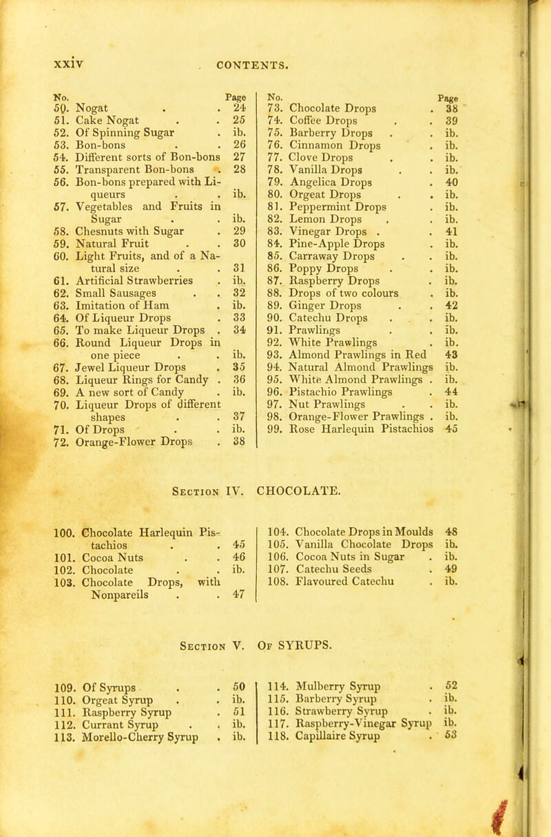 t No. Page 50. Nogat . • 24 51. Cake Nogat . . 25 52. Of Spinning Sugar . ib. 53. Bon-bons . . 26 54. Different sorts of Bon-bons 27 55. Transparent Bon-bons . 28 56. Bon-bons prepared with Li- queurs . . ib. 57. Vegetables and Fruits in Sugar . . ib. 58. Chesnuts with Sugar . 29 59. Natural Fruit . . 30 60. Light Fruits, and of a Na- tural size . .31 61. Artificial Strawberries . ib. 62. Small Sausages . . 32 63. Imitation of Ham . ib. 64. Of Liqueur Drops . 33 65. To make Liqueur Drops . 34 66. Round Liqueur Drops in one piece . . ib. 67. Jewel Liqueur Drops . 35 68. Liqueur Rings for Candy . 36 69. A new sort of Candy . ib. 70. Liqueur Drops of different shapes . . 37 71. Of Drops . . ib. 72. Orange-Flower Drops . 38 No. Page 73. Chocolate Drops . 38 74. Coffee Drops . . 39 75. Barberry Drops . . ib. 76. Cinnamon Drops . ib. 77. Clove Drops . . ib. 78. Vanilla Drops . . ib. 79. Angelica Drops . 40 80. Orgeat Drops . . ib. 81. Peppermint Drops . ib. 82. Lemon Drops . . ib. 83. Vinegar Drops . .41 84. Pine-Apple Drops . ib. 85. Carraway Drops . . ib. 86. Poppy Drops . . ib. 87. Raspberry Drops . ib. 88. Drops of two colours . ib. 89. Ginger Drops . . 42 90.. Catechu Drops . . . ib. 91. Prawlings . . ib. 92. White Prawlings . ib. 93. Almond Prawlings in Red 43 94. Natural Almond Prawlings ib. 95. White Almond Prawlings . ib. 96. Pistachio Prawlings . 44 97. Nut Prawlings . . ib. 98. Orange-Flower Prawlings . ib. 99. Rose Harlequin Pistachios 45 e.r» Section IV. CHOCOLATE. 100. Chocolate Harlequin Pis- 104. Chocolate Drops in Moulds 48 tachios 45 105. Vanilla Chocolate Drops ib. 101. Cocoa Nuts 46 106. Cocoa Nuts in Sugar ib. 102. Chocolate ib. 107. Catechu Seeds 49 103. Chocolate Drops, with 108. Flavoured Catechu ib. Nonpareils 47 Section V. Of syrups. 109. Of Syrups 50 114. Mulberry S3TUP 52 110. Orgeat Syrup ib. 115. Barberry Syrup ib. 111. Raspberry Syrup 51 116. Strawberry Syrup ib. 112. Currant Syrup ib. 117. Raspberry-Vinegar Syrup ib.