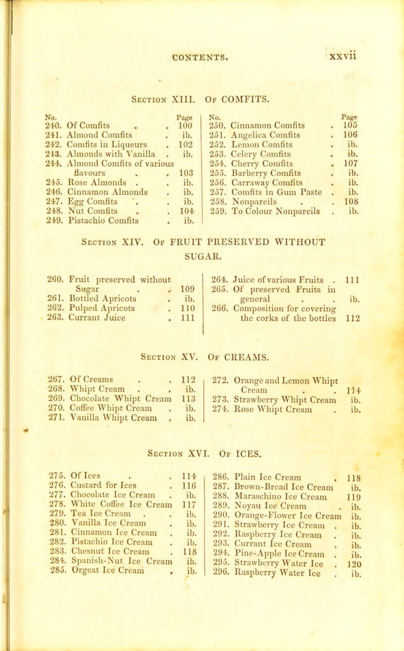 Section XIII. Of comfits. No. Page No. Page 240. Of Comfits .. , 100 250. Cinnamon Comfits . 105 241. Almond Comfits ib. 251. Angelica Comfits . 106 242. Comfits in Liqueurs 102 252. Lemon Comfits . ib. 243. Almonds with Vanilla ib. 253. Celery Comfits . ib. 244. Almond Comfits of various 254. Cherry Comfits . 107 flavours 103 255. Barberry Comfits . ib. 245. Rose Almonds . ib. 256. Carraway Comfits . ib. 246. Cinnamon Almonds ib. 257. Comfits in Gum Paste . ib. 247. Egg Comfits ib. 258. Nonpareils . 108 248. Nut Comfits . 104 259. To Colour Nonpareils . ib. 249. Pistachio Comfits ib. Section XIV. Of FRUIT PRESERVED WITHOUT SUGAR. 260. Fruit preserved without 264. Juice of various Fruits . 111 Sugar 109 265. Of preserved Fruits in 261. Bottled Apricots ib. general ib. 262. Pulped Apricots 110 266. Composition for covering 263. Currant Juice 111 the corks of the bottles 112 Section XV. Of creams. 267. Of Creams 112 272. Orange and Lemon Whipt 268. Whipt Cream ib. Cream 114 269. Chocolate Whipt Cream 113 273. Strawberry Whipt Cream ib. 270. Coffee Whipt Cream ib. 274. Rose Whipt Cream ib. 271. Vanilla Whipt Cream ib. Section XVI. Of ICES. 275. Of Ices . .114 276. Custard for Ices . 116 277. Chocolate Ice Cream . ib. 278. White Coffee Ice Cream 117 279. Tea Ice Cream . . ib. 280. Vanilla Ice Cream . ib. 281. Cinnamon Ice Cream . ib. 282. Pistachio Ice Cream . ib. 283. Chesnut Ice Cream . 118 284. Spanish-Nut Ice Cream ib. 285. Orgeat Ice Cream . ib. 286. Plain Ice Cream . 118 287. Brown-Bread Ice Cream ib. 288. Maraschino Ice Cream 119 289. Noyau Ice Cream . ib. 290. Orange-Flower Ice Cream ib. 291. Strawberry Ice Cream . ib. 292. Raspberry Ice Cream . ib. 293. Currant Ice Cream . ib. 294. Pine-Apple Ice Cream . ib. 295. Strawberry Water Ice . 120 296. Raspberry Water Ice . ib.