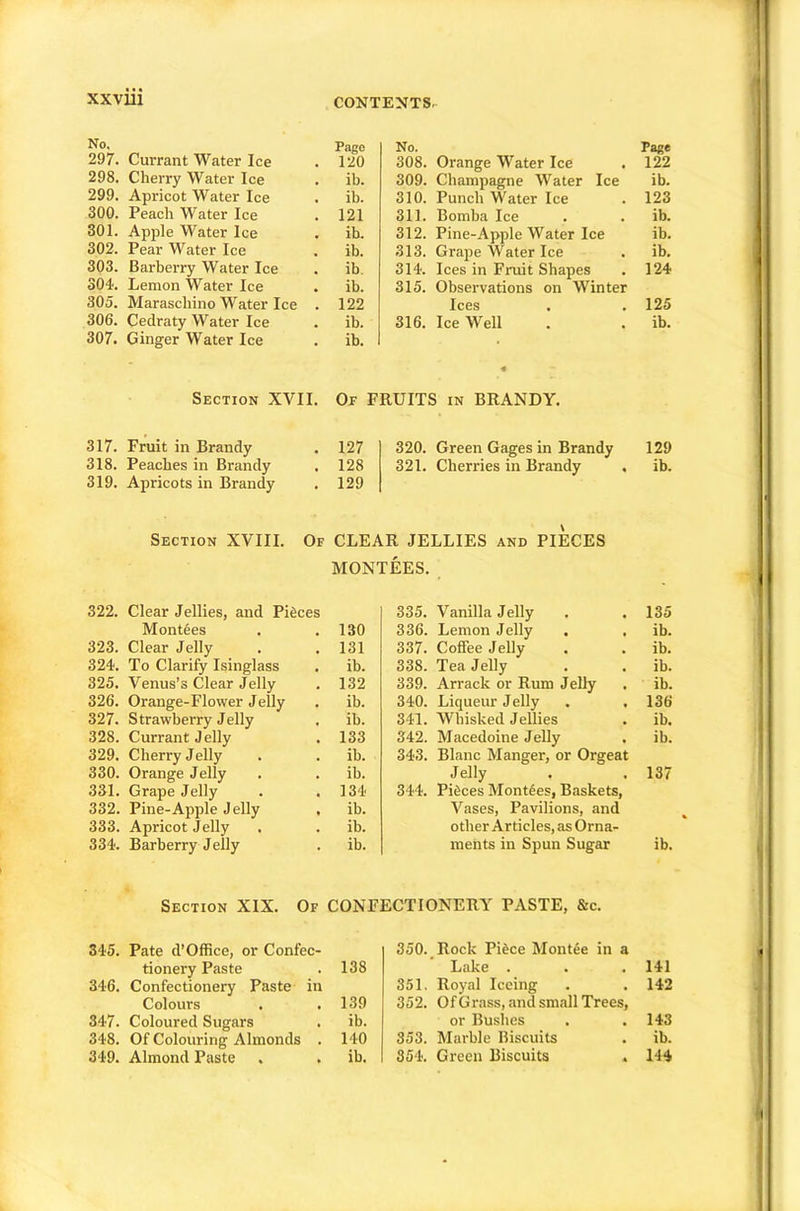 CONTENTS. No. Page No. Page 297. Currant Water Ice 120 308. Orange Water Ice 122 298. Cherry Water Ice ib. 309. Champagne Water Ice ib. 299. Apricot Water Ice ib. 310. Punch Water Ice 123 300. Peach Water Ice 121 311. Bomba Ice ib. 301. Apple Water Ice ib. 312. Pine-Apple Water Ice ib. 302. Pear Water Ice ib. 313. Grape Water Ice ib. 303. Barberry Water Ice ib. 314. Ices in Fruit Shapes 124 304. Lemon Water Ice ib. 315. Observations on Winter 305. Maraschino Water Ice 122 Ices 125 306. Cedraty Water Ice ib. 316. Ice Well ib. 307. Ginger Water Ice ib. Section XVII. Of fruits in BRANDY. 317. Fruit in Brandy 127 320. Green Gages in Brandy 129 318. Peaches in Brandy , 128 321. Cherries in Brandy . ib. 319. Apricots in Brandy • 129 Section XVIII. Of CLEAR JELLIES and PIECES MONTEES. . 322. Clear Jellies, and Pieces 335. Vanilla Jelly 135 Montees 130 336. Lemon Jelly . . ib. 323. Clear Jelly 131 337. Coffee Jelly ib. 324. To Clarify Isinglass ib. 338. Tea Jelly ib. 325. Venus’s Clear Jelly 132 339. Arrack or Rum Jelly ib. 326. Orange-Flower Jelly ib. 340. Liqueur Jelly 136 327. Strawberry Jelly ib. 341. Whisked Jellies ib. 328. Currant Jelly 133 342. Macedoine Jelly ib. 329. Cherry Jelly ib. 343. Blanc Manger, or Orgeat 330. Orange Jelly ib. Jelly 137 331. Grape Jelly 134 344. Pieces Monties, Baskets, 332. Pine-Apple Jelly ♦ ib. Vases, Pavilions, and 333. Apricot Jelly ib. other Articles, as Orna- 334. Barberry Jelly ib. ments in Spun Sugar ib. Section XIX. Of CONFECTIONERY PASTE, Src. 345. Pate d’Office, or Confec- 350. Rock Piice Montee in a tionery Paste , 138 Lake . 141 346. Confectionery Paste in 351. Royal Iceing 142 Colours 139 352. Of Grass, and small Trees, 347. Coloured Sugars ib. or Bushes 143 348. Of Colouring Almonds , 140 353. Marble Biscuits ib.