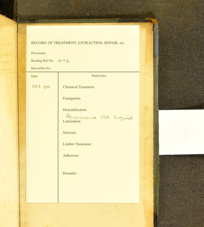 Pressmark: Binding Ref No: Microfilm No: Chemical Treatment Fumigation Deacidification VAA Lv«», Lamination Solvents Leather Treatment Adhesives Remarks