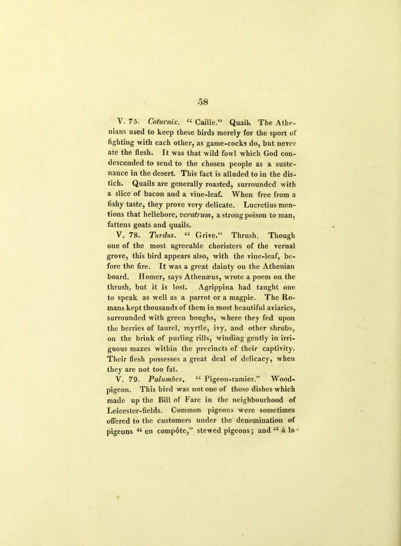 V. 75. Coturnix. u Caille.” Quail. The Athe- nians used to keep these birds merely for the sport of fighting with each other, as game-cocks do, but never ate the flesh. It was that wild fowl which God con- descended to send to the chosen people as a suste- nance in the desert. This fact is alluded to in the dis- tich. Quails are generally roasted, surrounded with a slice of bacon and a vine-leaf. When free from a fishy taste, they prove very delicate. Lucretius men- tions that hellebore, veratrum, a strong poison to man, fattens goats and quails. V. 78. Turdus. t£ Grive.” Thrush. Though one of the most agreeable choristers of the vernal grove, this bird appears also, with the vine-leaf, be- fore the fire. It was a great dainty on the Athenian board. Homer, says Athenasus, wrote a poem on the thrush, but it is lost. Agrippina had taught one to speak as well as a parrot or a magpie. The Ro- mans kept thousands of them in most beautiful aviaries, surrounded with green boughs, where they fed upon the berries of laurel, myrtle, ivy, and other shrubs, on the brink of purling rills, winding gently in irri- guous mazes within the precincts of their captivity. Their flesh possesses a great deal of delicacy, when they are not too fat. V. 79. Pulumbes¥ u Pigeon-ramier.” Wood- pigeon. This bird was not one of those dishes which made up the Bill of Fare in the neighbourhood of Leicester-fields. Common pigeons were sometimes offered to the customers under the denomination of pigeons u en compote,” stewed pigeons; and u a la