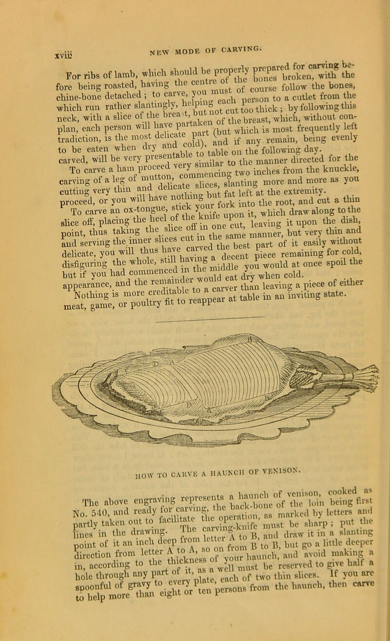 Tor ribs of lamb, which should be prope^ly P^ broken> with the fore being roasted, having the cent follow the bones, chine-bone detached ; to carve, ^^kVvTon to a cutlet from the which run rather slanting y, <■ 1 cut too thick ; by following tins neck, with a slice of the bres •» of the breast, which, without con- plan, each person will have; p ‘ ut wbich is m0st frequently left tradiction, is the most delicate pai t retnain, being evenly to be eaten when dry ^d coW^and it day. carved, will be very piesen s:mnar to the manner directed for the To carve a ham proceed from the knuckle, carving of a leg of mu , slanting more and more a3 you cutting0 very thin and STffat the extremity, proceed, or you will < t> into the root, and cut a thin To carve an ox-tongu , J upon it, which draw along to the slice off, placing the heel o P leaving it upon the dish, point, thus taking the slice offm one cut, butlvery thin and and serving the. inner slices cut m t of jt easily without appearance, and*5 the rematad'tjodd^eat ““ piece of either - ** “ “ ^ S“e- 51OW TO CARVE A HAUNCH OF VENISON. The above engraving represents a \^e7oin being first No. 540, and ready as marked by letters and partly taken out to facilitate knife mnat be sharp ; put the lines in the drain letter A to B, and draw it m a slanting noint of it an inch deep fiom letter B but g0 a little deeper Lectio,i from letter * .“k^°ot your llnch. and 'avoid making a through any part of it, as a Tyou ar'e persons from the haunch, then carve