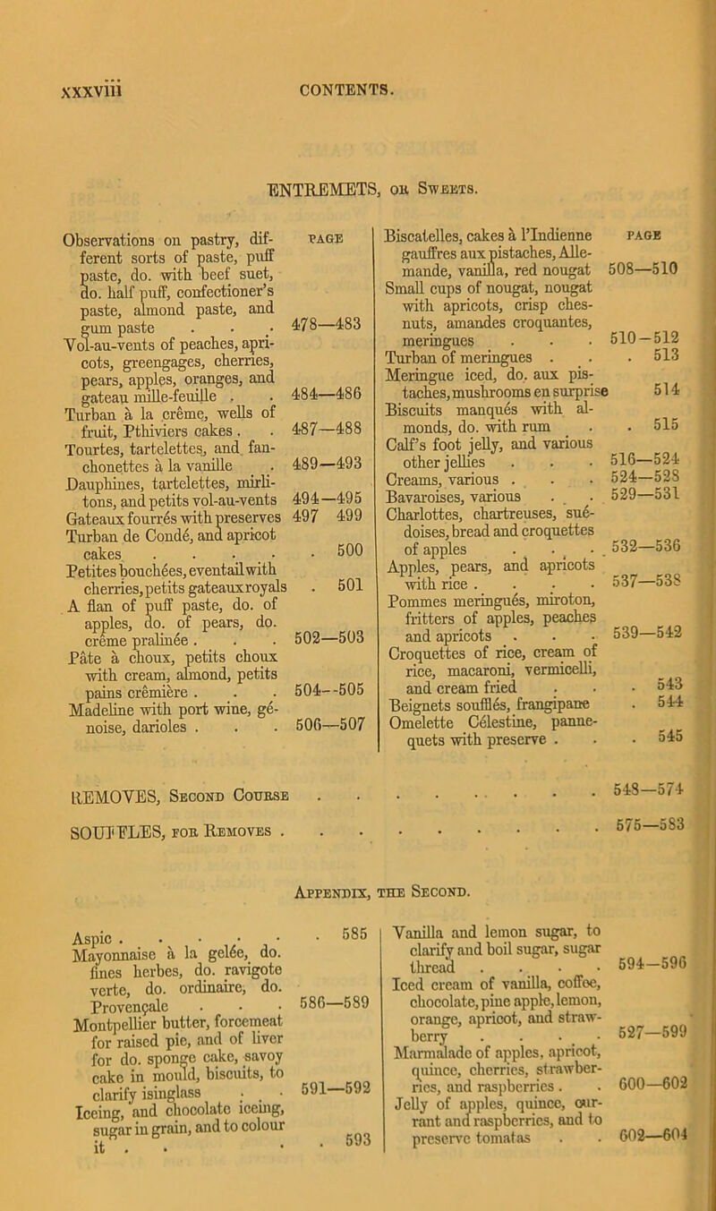 ENTREMETS, on. Sweets. Observations on pastry, dif- ferent sorts of paste, puff paste, do. with beef suet, do. half puff, confectioner’s paste, almond paste, and gum paste Vol-au-vents of peaches, apri- cots, greengages, cherries, pears, apples, oranges, and gateau molle-feuille , Turban a la creme, wells of fruit, Pthiviers cakes. Tourtes, tarteletteSj and fan- chonettes a la vanille Eauphines, tartelettes, mirli- tons, and petits vol-au-vents Gateaux, fourres with preserves Turban de Gondii, and apricot cakes . . Retites bouchees, eventail with cherries, petits gateauxroyals A flan of puff paste, do. of apples, do. of pears, do. creme pralinee . Pate a choux, petits choux with cream, almond, petits pains cremiere . Madeline with port wine, ge- noise, darioles . PAGE 478—483 484—486 487—488 489—493 494—495 497 499 . 500 . 501 502—503 504--505 506—507 Biscatelles, cakes a l’lndienne gauffres aux pistaches, Alle- mande, vanilla, red nougat Small cups of nougat, nougat with apricots, crisp ches- nuts, amandes croquantes, meringues Turban of meringues . Meringue iced, do. aux pis- taches, mushrooms en surprise Biscuits manques with al- monds, do. with rum Calf’s foot jelly, and various other jellies Creams, various . Bavaroises, various Charlottes, chartreuses, sue- doises, bread and croquettes of apples Apples, pears, and apricots with rice .... PAGE 508—510 510-512 . 513 514 . 515 516—524 524-52S 529—531 532—536 537—538 Pommes meringues, miroton, fritters of apples, peaches and apricots Croquettes of rice, cream of rice, macaroni, vermicelli, and cream fried Beignets souffles, frangiparte Omelette Celestine, panne- quets with preserve . 539—542 . 543 . 544 . 545 REMOVES, Second Course 548—574 SOUTELES, for Removes . 575—5S3 Appendix, the Second. Aspic . • • • • Mayonnaise a la gelee, do. fines herbes, do. ravigote verte, do. ordinaire, do. Provenpale Montpellier butter, forcemeat for raised pie, and of fiver for do. sponsje cake, savoy cake in mould, biscuits, to clarify isinglass • _ • Iceing, and chocolate icemg, sugar in grain, and to colour it . . 585 | 586—589 591—592 . 593 Vanilla and lemon sugar, to clarify and boil sugar, sugar thread . . • Iced cream of vanilla, coffee, chocolate, pine apple, lemon, orange, apricot, and straw- berry . . • Marmalade of apples, apricot, quince, cherries, strawber- ries, and raspberries. Jelly of apples, quince, cur- rant and raspberries, and t o preserve tomatas 594-596 527—599 600—602 002—604