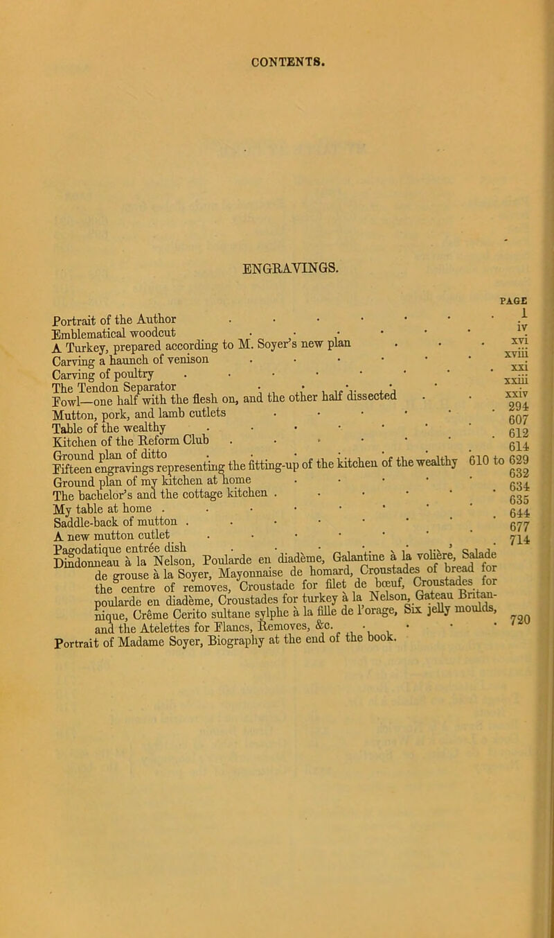ENGRAVINGS. Portrait of the Author Emblematical woodcut • • A Turkey, prepared according to M. Soyer s new plan Carving a haunch of venison Carving of poultry • The Tendon Separator • • , • ,% powl_one half with the flesh on, and the other half dissected Mutton, pork, and lamb cutlets Table of the wealthy • Kitchen of the Reform Club . • • l^representiug the fittiag-up of the kitchen of the wealth, 610 to 629 Ground plan of my kitchen at home The bachelor’s and. the cottage kitchen . My table at home Saddle-back of mutton ..•••• A new mutton cutlet • DildomTo Poularde eu diademe, Galantine a T<®“; de grouse a la Soyer, Mayonnaise dehomrd. from adeso bread PAGE 1 iv xvi xviii xxi xxiii xxiv 294 607 612 614 629 632 634 635 644 677 714 ^veT&tade for filet de bmuf, C—tades for poularde en diademe, Croustades for turkey a la Nelson Gateau Bntan- nique, Creme Cerito sultane sylphe a la Me de 1 orage, Six jelly moul , illljUCj vlOUlu yciiiv; j r „ and the Atelettes for Elancs, Removes, Ac Portrait of Madame Soyer, Biography at the end of the book. 720