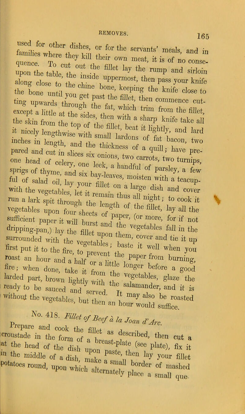 165 «sed for other dishes, or for the servants’ meals and in quenciT tT ^ f ** °'™ 4 ia * ~ upon the hbIeCl'f ^ 'ay the mmp ™d sirIoin along dose o the T\TT* ^ y° kntfe the bone until !„ ? b°ne> k“pinS the knife <*» to t.ng v^zgCn^r-Tmt- exrp-nt o lif+1 , rt willcl1 trim from the fillet the l from ^ feththhh rf 8 SharP ** a” it uicely lengthwise with small Ldons ^ one head of celery one I 1 ? caiTots> two turnips, sprigs of thyme and siv 1 * iandfoI °f parsle7< a few M of salad od! lay Z 7““ ^ a teacnp- With the vegetables7 let it ^ i & arg6 dlsh and cover mn a lark ^ ^ ^ to COok * vegetables upon fom sheets of8 * ^ ^ ^ kj ^ the sufficient paper it will burst wdO?’ °’’ f“,7’ ^ not ^PPing-pan,) lay the fillet unon the Vegetab es faU m the surrounded with the veo-etnhl 1 ^ C°V<3r and tle d UP ** put it to the i ^ tLaSte * ?U wben yoi roast an hour and a half or a little 1 burnin& frre; when done, take it fV +1 on^er before a good larded part, brora lightly with the VTStabl“’ 8laze ‘he ready to be sauced and serv n and it is 'rith°*zjLzfz ^rted No. 418. Fillet of Beef a la Joan d,Jn lepare and cook the filW •> croustade in the form of fi‘ t fSOnbed> then eut a the head of the dish upon 2 T (See plate)’ & 11 ln ‘he middle of a dish mVe f e’„tben % 7°® fillet ^ round, upon