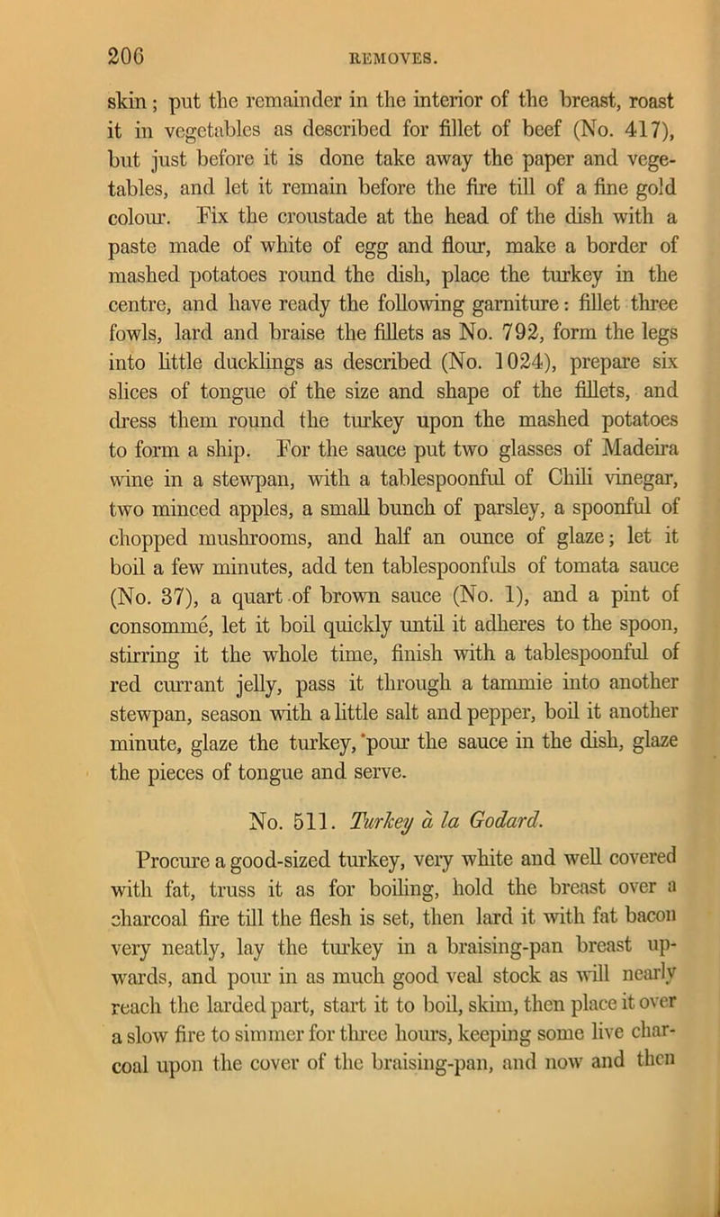 skin ; put tlie remainder in the interior of the breast, roast it in vegetables as described for fillet of beef (No. 417), but just before it is done take away the paper and vege- tables, and let it remain before the fire till of a fine gold colour. Fix the croustade at the head of the dish with a paste made of white of egg and flour, make a border of mashed potatoes round the dish, place the turkey in the centre, and have ready the following garniture: fillet three fowls, lard and braise the fillets as No. 792, form the legs into little ducklings as described (No. 1024), prepare six slices of tongue of the size and shape of the fillets, and dress them round the turkey upon the mashed potatoes to form a ship. For the sauce put two glasses of Madeira vvine in a stewpan, with a tablespoonful of Chili vinegar, two minced apples, a small bunch of parsley, a spoonful of chopped mushrooms, and half an ounce of glaze; let it boil a few minutes, add ten tablespoonfids of tomata sauce (No. 37), a quart of brown sauce (No. 1), and a pint of consomme, let it boil quickly until it adheres to the spoon, stirring it the whole time, finish with a tablespoonful of red currant jelly, pass it through a tammie into another stewpan, season with a little salt and pepper, boil it another minute, glaze the turkey, ‘pour the sauce in the dish, glaze the pieces of tongue and serve. No. 511. Turkey a la Godard. Procure a good-sized turkey, very white and well covered with fat, truss it as for boding, hold the breast over a charcoal fire till the flesh is set, then lard it with fat bacon very neatly, lay the turkey in a braising-pan breast up- wards, and pour in as much good veal stock as will nearly reach the larded part, start it to boil, skim, then place it over a slow fire to simmer for three hours, keeping some live char- coal upon the cover of the braising-pan, and now and then