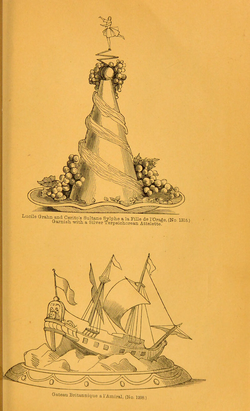 Lucile Grata and Ceritta Sultane Svlphe a la Mile de l’Orage, (No 1315) Garnish with a Silver Terpsichorean Attelette^ Gateau Britannique a l'Amiral, (No. 1298.)