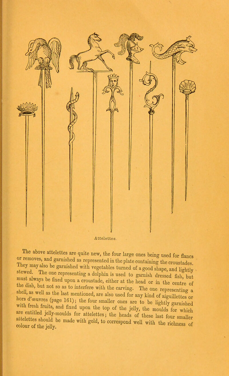 Attelettes. The above attelettes are quite new, the four large ones being used for flancs or removes, and garnished as represented in the plate containing the croustades J “ay * 80 be garmslled witk vegetables turned of a good shape, and lightly stewed The one representing a dolphin is used to garnish dressed fish but must always be fixed upon a croustade, either at the head or in the centre of the d^, but not so as to interfere with the carving. Tim one represent a sheli, as well as the last mentioned, are also used for any kind of JguiUettefcor lors d oeuvres (page 161); the four smaller ones are to be lightly garnished with fresh fruits, and fixed upon the top of the jelly, the moulds7 for which are en died jely-moulds for attelettes; the heads of these last four smaller cdlt onttil madC S°ld’t0 C°rrespond weU with the richness of