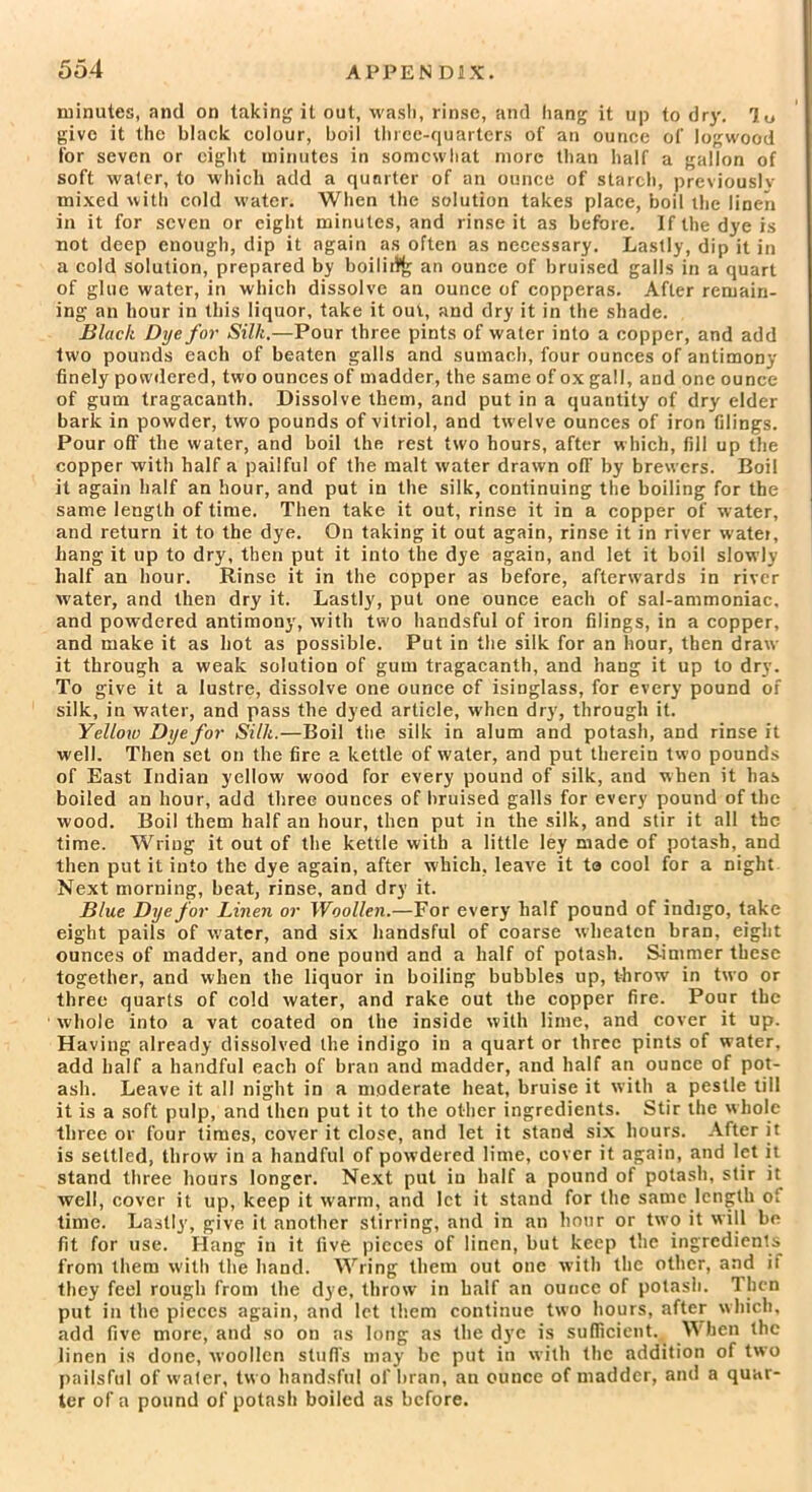 minutes, and on taking it out, wash, rinse, and hang it up to dry. lu give it the black colour, boil three-quarters of an ounce of logwood for seven or eight minutes in somewhat more than half a gallon of soft water, to which add a quarter of an ounce of starch, previously mixed with cold water. When the solution takes place, boil the linen in it for seven or eight minutes, and rinse it as before. If the dye is not deep enough, dip it again as often as necessary. Lastly, dip it in a cold solution, prepared by boilii% an ounce of bruised galls in a quart of glue water, in which dissolve an ounce of copperas. After remain- ing an hour in this liquor, take it out, and dry it in the shade. Black Dye for Silk.—Pour three pints of water into a copper, and add two pounds each of beaten galls and sumach, four ounces of antimony finely powdered, two ounces of madder, the same of ox gall, and one ounce of gum tragacanth. Dissolve them, and put in a quantity of dry elder bark in powder, two pounds of vitriol, and twelve ounces of iron filings. Pour off the water, and boil the rest two hours, after which, fill up the copper with half a pailful of the malt water drawn oil' by brewers. Boil it again half an hour, and put in the silk, continuing the boiling for the same length of time. Then take it out, rinse it in a copper of water, and return it to the dye. On taking it out again, rinse it in river water, bang it up to dry, then put it into the dye again, and let it boil slowly half an hour. Rinse it in the copper as before, afterwards in river water, and then dry it. Lastly, put one ounce each of sal-ammoniac, and powdered antimony, with two handsful of iron filings, in a copper, and make it as hot as possible. Put in the silk for an hour, then draw it through a weak solution of gum tragacanth, and hang it up to dry. To give it a lustre, dissolve one ounce of isinglass, for every pound of silk, in water, and pass the dyed article, when dry, through it. Yellow Dye for Silk.—Boil the silk in alum and potash, and rinse it well. Then set on the fire a kettle of water, and put therein two pounds of East Indian yellow wood for every pound of silk, and when it has boiled an hour, add three ounces of bruised galls for every pound of the wood. Boil them half an hour, then put in the silk, and stir it all the time. Wriug it out of the kettle with a little ley made of potash, and then put it into the dye again, after which, leave it to cool for a night Next morning, beat, rinse, and dry it. Blue Dye for Linen or Woollen.—For every half pound of indigo, take eight pails of water, and six handsful of coarse wheaten bran, eight ounces of madder, and one pound and a half of potash. S-immer these together, and when the liquor in boiling bubbles up, throw in two or three quarts of cold water, and rake out the copper fire. Pour the whole into a vat coated on the inside with lime, and cover it up. Having already dissolved the indigo in a quart or three pints of water, add half a handful each of bran and madder, and half an ounce of pot- ash. Leave it all night in a moderate heat, bruise it with a pestle till it is a soft pulp, and then put it to the other ingredients. Stir the whole three or four times, cover it close, and let it stand six hours. After it is settled, throw in a handful of powdered lime, cover it again, and let it stand three hours longer. Next put in half a pound of potash, stir it well, cover it up, keep it warm, and let it stand for the same length of time. Lastly, give it another stirring, and in an hour or two it will be fit for use. Hang in it five pieces of linen, but keep the ingredients from them with the hand. Wring them out one with the other, and it they feel rough from the dye, throw in half an ounce of potash. Then put in the pieces again, and let them continue two hours, after which, add five more, and so on as long as the dye is sufficient. W’ben the linen is done, woollen stuffs may be put in with the addition of two pailsful of wafer, two handsful of bran, an ounce of madder, and a quar- ter of a pound of potash boiled as before.