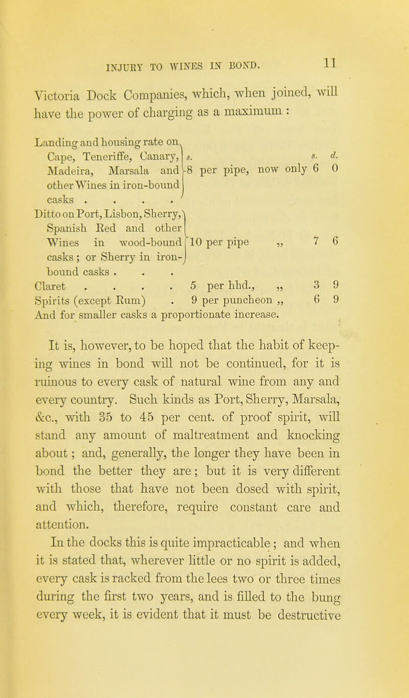 Victoria Dock Companies, which, when joined, will have the power of charging as a maximum : Landing and housing rate on. Cape, Teneriffe, Canary, s. *• d. Madeira, Marsala and -8 per pipe, now only 6 0 other Wines in iron-bound casks .... Ditto on Port, Lisbon, Sherry,' Spanish Eed and other Wines in wood-bound j 10 per pipe „ 7 6 casks ; or Sherry in iron-J bound casks . Claret .... 5 per hhd., „ 39 Spirits (except Rum) . 9 per puncheon „ 6 9 And for smaller casks a proportionate increase. It is, however, to be hoped that the habit of keep- ing wines in bond will not be continued, for it is ruinous to every cask of natural wine from any and every country. Such kinds as Port, Sherry, Marsala, &c., with 35 to 45 per cent, of proof spirit, will stand any amount of maltreatment and knocking about; and, generally, the longer they have been in bond the better they are; but it is very different with those that have not been dosed with spirit, and which, therefore, require constant care and attention. In the docks this is quite impracticable; and when it is stated that, wherever little or no spirit is added, every cask is racked from the lees two or three times during the first two years, and is filled to the bung every week, it is evident that it must be destructive