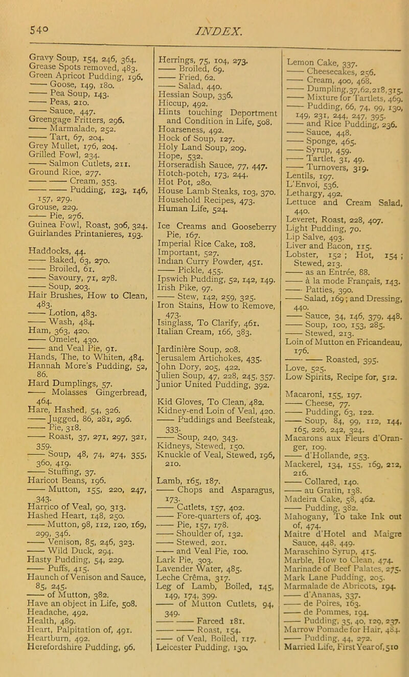Gravy Soup. 154, 246, 364. Grease Spots removed, 483. Green Apricot Pudding, 196. Goose, 149, 180. Pea Soup, 143. Peas, 210. Sauce, 447. Greengage Fritters, 296. Marmalade, 252. Tart, 67, 204. Grey Mullet, 176, 204. Grilled Fowl, 234. Salmon Cutlets, 211. Ground Rice, 277. Cream, 353. Pudding, 123, 146, 157. 279. Grouse, 229. Pie, 276. Guinea Fowl, Roast, 306, 324. Guirlandes Printanieres, 193. Haddocks, 44. Baked, 63, 270. Broiled, 61. Savoury, 71, 278. Soup, 203. Hair Brushes, How to Clean, 483- Lotion, 483. Wash, 484. Ham, 363, 420. Omelet, 430. and Veal Pie, 91. Hands, The, to Whiten, 484. Hannah More's Pudding, 52, 86, Hard Dumplings, 57. Molasses Gingerbread, 464- Hare, Hashed, 54, 326. jugged, 86, 281, 296. Pie, 318. Roast, 37, 271, 297, 321, 359- Soup, 48, 74, 274, 3SS, 360, 419. Stuffing, 37. Haricot Beans, 196. Mutton, 155, 220, 247, 343- Harrico of Veal, 90, 313. Hashed Heart, 148, 250. Mutton, 98, 112,120,169, 299, 346. Venison, 81;, 246, 323. Wild Duck, 294. Hasty Pudding, 54, 229. Puffs, 415. Haunch of Venison and Sauce, 85. 245- of Mutton, 382. Have an object in Life, 508. Headache, 492. Health, 489. Heart, Palpitation of, 491. Heartburn, 492. Heiefordshire Pudding, 96. Herrings, 75, 104, 273. Broiled, 69. Fried, 62, Salad, 440. Hessian Soup, 336. Hiccup, 492. Hints touching Deportment and Condition in Life, 508. Hoarseness, 492. Hock of Soup, 127. Holy Land Soup, 209. Hope, 532. Horseradish Sauce, 77, 447. Hotch-potch, 173, 244. Hot Pot, 280. House Lamb Steaks, 103, 370. Household Recipes, 473. Human Life, 524, Ice Creams and Gooseberry Pie, 167. Imperial Rice Cake, 108. Important, 527. Indian Curry Powder, 451. Pickle, 455. Ipswich Pudding, 52, 142, 149. Irish Pike, 97. Stew, 142, 259, 325. Iron Stains, How to Remove, 473- Isinglass, To Clarify, 461. Italian Cream, 166, 383. Iardiniire Soup, 208. erusalem Artichokes, 435, ohn Dory, 205, 422. ulien Soup, 47, 228, 245, 357. junior United Pudding, 392. Kid Gloves, To Clean, 482. Kidney-end Loin of Veal, 420. Puddings and Beefsteak, 333- Soup, 240, 343. Kidneys, Stewed, 150. Knuckle of Veal, Stewed, 196, 210. Lamb, 165, 187. Chops and Asparagus, 173- Cutlets, 157, 402. Fore-quarters of, 403. Pie, 157, 178. Shoulder of, 132. Stewed, 201. and Veal Pie, 100. Lark Pie, 303. Lavender Water, 485. Leche CrSma, 317. Leg of Lamb, Boiled, 145, 149, 174, 399. of Mutton Cutlets, 94, 349- Farced 181. Roast, 154. of Veal, Boiled, 117. Leicester Pudding, 13a Lemon Cake, 337. Cheesecakes, 256. Cream, 400, 468. Dumpling,37,62,218,315. Mixture for Tartlets, 469, Pudding, 66, 74, 99, 130, 149, 231, 244, 247. 395. and Rice Pudding, 236. Sauce, 448. Sponge, 465. Syrup. 459. ■: Tartlet, 31, 49. Turnovers, 319. Lentils, 197. L’Envoi, 536. Lethargy, 492. Lettuce and Cream Salad, 440- Leveret, Roast, 228, 407. Light Pudding, 70. Lip Salve, 493. Liver and Bacon, 115. Lobster, 152 ; Hot, 154 ; Stewed, 213. as an Entrde, 88. i la mode Fran9ais, 143. Patties, 390. Salad, 169; and Dressing, 440. Sauce, 34, 146, 379, 448. Soup, 100, 153, 285. Stewed, 213. Loin of Mutton en Fricandeau, 176. Roasted, 395. Love, 525. Low Spirits, Recipe for, 512. Macaroni, 155, 197. Cheese, 77. Pudding, 63. 122. Soup, 84, 99, 112, 144, 165, 226, 242, 324. Macarons aux Fleurs d'Oran- ger, 109. d'Hollande, 253. Mackerel, 134, 155, 169, 2:2, 216. Collared, 140. au Gratin, 138. Madeira Cake, 58, 462. Pudding, 382. Mahogany, To take Ink out of, 474. Maitre d'Hotel and Maigre Sauce, 448, 449. Maraschino Syrup, 415. Marble, How to Clean, 474. Marinade of Beef Palates, 275. Mark Lane Pudding, 205. Marmalade de Abricots, 194. d'Ananas, 337. de Poires, 163. de Pommes, 194. Pudding, 35, 40, 129, 237. Marrow Pomade for Hair, 4S4. Pudding, 44, 272. Married Life, First'Vearof.sio