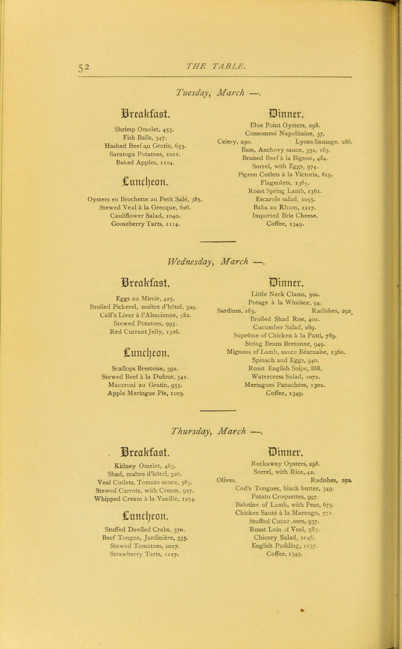 Tuesday^ March —. Urcakfost. Shrimp Omelet, 453. Fish Balls, 347. Hashed Beef^u Gratin, 653. Saratoga Potatoes, 1011. Baked Apples, 1124. Cimcl)£OU. Oysters en Brochette au Petit Sale, 385. Stewed Veal k la Grecque, 626. Cauliflower Salad, 1040. Gooseberry Tarts, 1114. Dinner. Blue Point Oysters, 298. Consomme Napolitaine, 37. Celery, 290. Lyons Sausage, 286. Bass, Anchovy sauce, 352, 163. Braised Beef a la Bignon, 484. Sorrel, with Eggs, 974. Pigeon Cutlets k la Victoria, 815. Flageolets, 1365. Roast Spring Lamb, 1361. Escarole salad, 1055. Baba au Rhum, 1217. Imported Brie Cheese. Coffee, 1349. Wednesday, March —. Bl'cakfost. Eggs au Miroir, 425. Broiled Pickerel, maitre d'h/itel, 329. CalPs Liver k FAIsacienne, 582. Stewed Potatoes, 995. Red Currant Jelly, 1326. Cundjcon. Scallops Brestoise, 392. Stewed Beef k la Dufour, 541. Macaroni au Gratin, 955. Apple Meringue Pie, 1103. Dinner. Little Neck Clams, 300, Potage k la Windsor, 94. Sardines, 283. Radishes, 292 Broiled Shad Roe, 402. Cucumber Salad, 289. Supreme of Chicken k la Patti, 789. String Beans Bretonne, 949. Mignons of Lamb, sauce Beamaise, 1360. Spinach and Eggs, 940. Roast English Snipe, 868, Watercress Salad, 1072. Meringues Panachees, 1302. Coffee, 1349. Thursday, March —. . Breakfast. Kidney Omelet, 463. Shad, maitre d’hOtcl, 326. Veal Cutlets, Tomato sauce, 563. Stewed Carrots, with Cream, 927. Whipped Cream i la Vanille, 1254. Cuncljeon. Stuffed Deviled Crabs, 370. Beef Tongue, Jardiniere, 535. Stewed Tomatoes, X027. Dinner. Rockaway Oysters, 298. Sorrel, with Rice, 42. Olives. Radishes, 29a. Cod’s Tongues, black butter, 349. Potato Croquettes, 997. Balotinc of Lamb, with Peas, 675. Chicken Sauti it la Marengo, 771. Stuffed Cucur.oers, 937. Roast Loin oi Veal, 585. Chicory Salad, 1C46. English Pudding, 1137.