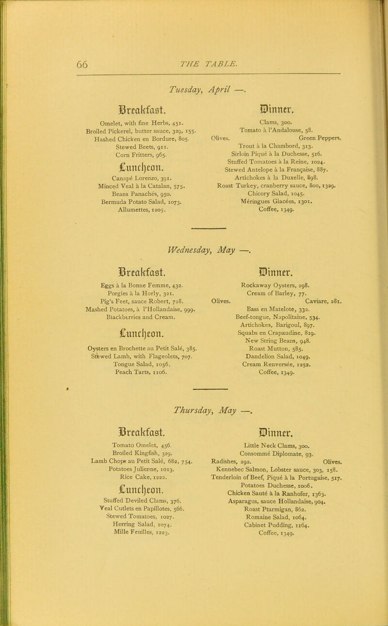 Tuesday, April —. jBrcakfast. Omelet, with fine Herbs, 451. Broiled Pickerel, butter sauce, 329, 155. Hashed Chicken en Bordure, 805. Stewed Beets, 911. Com Fritters, 965. £und)cou. Canap^ Lorenzo, 391. Minced Veal k la Catalan, 575. Beans Panaches, 950. Bermuda Potato Salad, 1073. Allumettes, 1205. ^Dinner. Clams, 300. Tomato k I’Andalouse, $8. Olives. Green Peppers. Trout k la Chambord, 313. Sirloin Pique k la Duchesse, 516. Stuffed Tomatoes k la Reine, 1024. Stewed Antelope k la Fran9aise, 887. Artichokes k la Duxelle, 898. Roast Turkey, cranberry sauce, 800,1329. Chicory Salad, 1045. Meringues Glacies, 1301. CofiTee, 1349. Wednesday, May —. Breakfast. JDinner. Eggs k la Bonne Femme, 432. Porgies k la Horly, 321. Pig’s Feet, sauce Robert, 728. Mashed Potatoes, k I’Hollandaise, 999. Blackberries and Cream. £uncl)con. Oysters en Brochette au Petit Sale, 385. Stfewed Lamb, with Flageolets, 707. Tongue Salad, 1056. Peach Tarts, 1106. Rockaway Oysters, 298. Cream of Barley, 77. Olives. Caviare, 281. Bass en Matelote, 332. Beef-tongue, Napolitaine. 534. Artichokes, Barigoul, 897. Squabs en Crapaudine, 819. New String Beans, 948. Roast Mutton, 585. Dandelion Salad, 1049. Cream Renversee, 1252. Coffee, 1349. Thursday, May —. Breakfast. Dinner. Tomato Omelet, 456. Broiled Kingfish, 329. Lamb Chops au Petit Said, 682, 754. Potatoes Julienne, 1013. Rice Cake, 1222. Cnncljeon. Stuffed Deviled Clams, 376. Veal Cutlets en Papillotes, 566. Stewed Tomatoes, 1027. Herring Salad, 1074. Little Neck Clams, 300. Consomme Diplomate, 93. Radishes, 292. Olives. Kennebec Salmon, Lobster sauce, 303, 158. Tenderloin of Beef, Piqu6 k la Portugaise, 517. Potatoes Duchesse, 1006. Chicken Saut6 k la Ranhofer, 1363. Asparagus, sauce Hollandaise, 904. Roast Ptarmigan, 862. Romaine Salad, 1064. Cabinet Pudding, 1164.