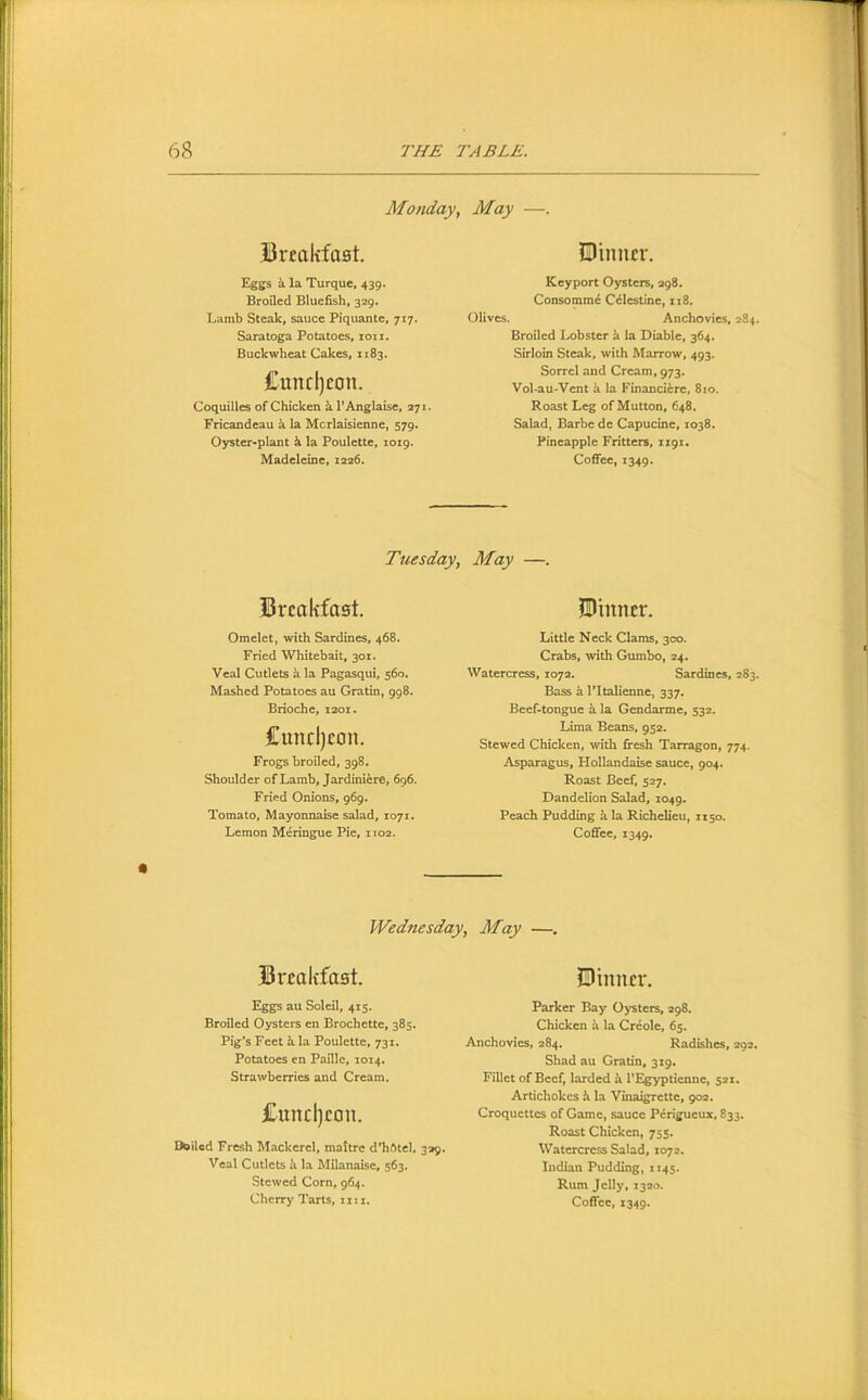 Monday, May —. Breakfast, Eggs k la Turque, 439. Broiled Blucfish, 329. Lamb Steak, sauce Piquante, 717. Saratoga Potatoes, loii. Buckwheat Cakes, 1183. £uncl)con. Coquilles of Chicken k I'Anglaise, 271. Fricandeau k la Mcrlaisienne, 579. Oyster-plant k la Poulette, 1019. Madeleine, 1226. fUtnner, Keyport Oysters, 298. Consommi Cilestine, 118. Olives. Anchovies, 284. Broiled Lobster k la Diable, 364. Sirloin Steak, with Marrow, 493. Sorrel and Cream, 973. Vol-au-Vent k la Financiere, 810. Roast Leg of Mutton, 648, Salad, Barbe de Capucine, 1038. Pineapple Fritters, 1191. Coffee, 1349. Tuesday, May —. Breakfast. ilBmner. Omelet, with Sardines, 468. Fried Whitebait, 301. Veal Cutlets k la Pagasqui, 560. Mashed Potatoes au Gratin, 998. Brioche, 1201. Cuncljeon. Frogs broiled, 398. Shoulder of Lamb, Jardiniere, 696. Fried Onions, 969. Tomato, Mayonnaise salad, 1071. Lemon Meringue Pie, 1102. Little Neck Clams, 300. Crabs, with Gumbo, 24. Watercress, 1072. Sardines, 283. Bass k ITtalienne, 337. Beef-tongue a la Gendarme, 532. Lima Beans, 952. Stewed Chicken, with fresh Tarragon, 774. Asparagus, Hollandaise sauce, 904. Roast Beef, 527. Dandelion Salad, 1049. Peach Pudding kla Richelieu, 1150. Coffee, 1349. Wednesday, May —, Brralcfast. Eggs au Soleil, 415. Broiled Oysters en Brochette, 385. Pig’s Feet k la Poulette, 731. Potatoes en Paille, 1014. Strawberries and Cream. £uncl)con. ^iled Fresh Mackerel, maitre d'hfttel, 329. Veal Cutlets k la Milanaise, 563. Stewed Corn, 964. £)inner. Parker Bay Oysters, 298. Chicken k la Creole, 65. Anchovies, 284. Radishes, 292. Shad au Gratin, 319. Fillet of Beef, larded k I’Egyptienne, 521. Artichokes k la Vinaigrette, 902. Croquettes of Game, sauce Perigueux, 833. Roast Chicken, 755. Watercress Salad, 1072. Indian Pudding, 1145. Rum Jelly, 1320.