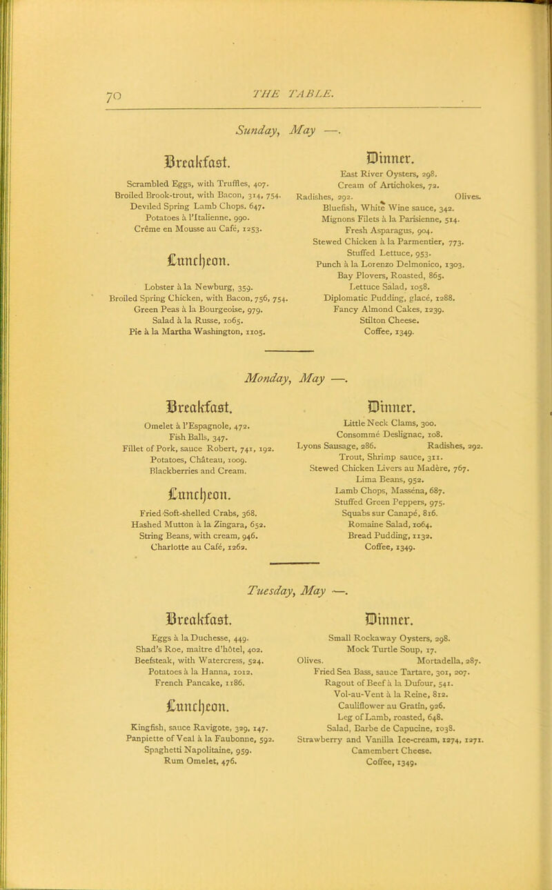 Sunday, May —. Breakfast. Scrambled Eggs, with Truffles, 407. Broiled Brook-trout, with Bacon, 314, 754. Deviled Spring Lamb Chops. 647. Potatoes it I’ltaliennc. 990. Crfime en Mousse au Cafe, 1253. £iincl)con. Lobster ^la Newburg, 359. Broiled Spring Chicken, with Bacon, 756, 754. Green Peas k la Bourgeoise, 979. Salad k la Russe, 1065. Pie h la Martha Washington, 1105. dinner. East River Oysters, 298. Cream of Artichokes, 72. Radishes, 292. Olives. Bluefish, White Wine sauce, 342. Mignons Filets h la Parisienne, 514. Fresh Asparagus, 904. Stewed Chicken h la Parmentier, 773. Stuffed Lettuce, 953. Punch k la Lorenzo Delmonico, 1303. Bay Plovers, Roasted, 865. Lettuce Salad, 1058. Diplomatic Pudding, glace, 1288. Fancy Almond Cakes, 1239. Stilton Cheese. Coffee, 1349. Monday, May —. Brralifast. Omelet k I’Espagnole, 472. Fish Balls, 347. Fillet of Pork, sauce Robert, 741, 192. Potatoes, Chateau, 1009. Blackberries and Cream. Cundjron. Fried Soft-shelled Crabs, 368. Hashed Mutton k la Zingara, 652. String Beans, with cream, 946. Charlotte au Caf4, 1262. JUinuEr. Little Neck Clams, 300. Consomme Deslignac, 108. Lyons Sausage, 286. Radishes, 292. Trout, Shrimp sauce, 311. Stewed Chicken Livers au Madere, 767. Lima Beans, 952. Lamb Chops, Massena, 687. Stuffed Green Peppers, 975. Squabs sur Canape, 816. Romaine Salad, 1064. Bread Pudding, 1132. Coffee, 1349. Tuesday, May —. Breakfaat. iDinncr. Eggs k la Duchesse, 449. Shad’s Roe, maitre d’h6tel, 402. Beefsteak, with Watercress, 524. Potatoes a la Hanna, Z012. French Pancake, 1186. Cundjcon. Kingfish, snuce Ravigote, 329, 147. Panpiette of Veal k la Faubonne, 592. Spaghetti Napolitaine, 939. Small Rockaway Oysters, 298. Mock Turtle Soup, 17. Olives. Mortadella, 287. Fried Sea Bass, sauce Tartare, 301, 207. Ragout of Beef k la Dufour, 541. Vol-au-Vent k la Relne, 8ia. Cauliflower au Gratin, 926. Leg of Lamb, roasted, 648. Salad, Barbe dc Capucinc, 1038. Strawberry and Vanilla Ice-cream, 1274, 1271. Camembert Cheese.