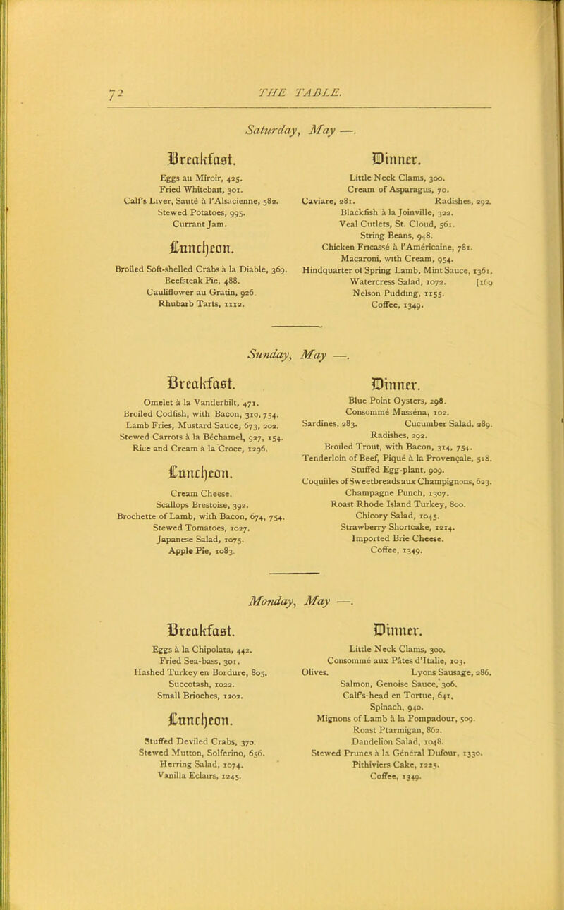 r- Saturday, May —. lUrtakfaat. Eggs au Miroir, 425. Fried 'Whitebait, 301. Calfs Liver, Saut4 i I’Alsacicnne, 582. Stewed Potatoes, 995. Currant Jam. Cuiuljeon. Broiled Soft-shelled Crabs k la Diable, 369. Beefsteak Pie, 488. Cauliflower au Gratin, 926 Rhubatb Tarts, 11x2. fDinncr, Little Neck Clams, 300. Cream of Asparagus, 70. Caviare, 281. Radishes, 292. Blackflsh k la Joinville, 322. Veal Cutlets, St. Cloud, 561. String Beans, 948. Chicken Fncasse k rAmericaine, 781. Macaroni, with Cream, 954. Hindquarter ot Spring Lamb, MintSauce, 1361, Watercress Salad, 1072. [if p Nelson Pudding, 1155. Coffee, 1349. Sunday, May —. Breali'fast. Omelet k la 'Vanderbilt, 471. Broiled Codfish, with Bacon, 310,754. Lamb Fries, Mustard Sauce, 673, 202. Stewed Carrots i la Bechamel, 927, 154. Rice and Cream i la Croce, 1296. £micl)con. Cream Cheese. Scallops Brestoise, 392. Brochette of Lamb, with Bacon, 674, 754. Stewed Tomatoes, 1027. Japanese Salad, 1075. Apple Pie, 1083. Hinim-. Blue Point Oysters, 298. Consomme Massena, 102. Sardines, 283. Cucumber Salad, 289. Radishes, 292. Broiled Trout, with Bacon, 314, 754. Tenderloin of Beef, Pique k la Proven^ale, 518, Stuffed Egg-plant, 909. CoquidesofSweetbreadsaux Champignons, 633. Champagne Punch, 1307. Roast Rhode Island Turkey, 800. Chicory Salad, 1045. Strawberry Shortcake, 1214. Imported Brie Cheese. Coffee, 1349. Monday, May —. Breakfast. ©inim'. Eggs k la Chipolata, 442. Fried Sea-bass, 301. Hashed Turkey en Bordure, 805. Succotash, 1022. Small Brioches, 1202. Cuncl)eon. Stuffed Deviled Crabs, 370. Stewed Mutton, Solferino, 656. Herring Salad, 1074. Little N eck Clams, 300. Consomme aux Pates d’ltalie, 103. Olives. Lyons Sausage, 286. Salmon, Genoise Sauce, 306. Calfs-head en Tortue, 641. Spinach, 940. Mignons of Lamb k la Pompadour, 509. Roast Ptarmigan, 862. Dandelion Salad, 1048. Stewed Prunes h la General Dufour, 1330. Pithiviers Cake, 1225.