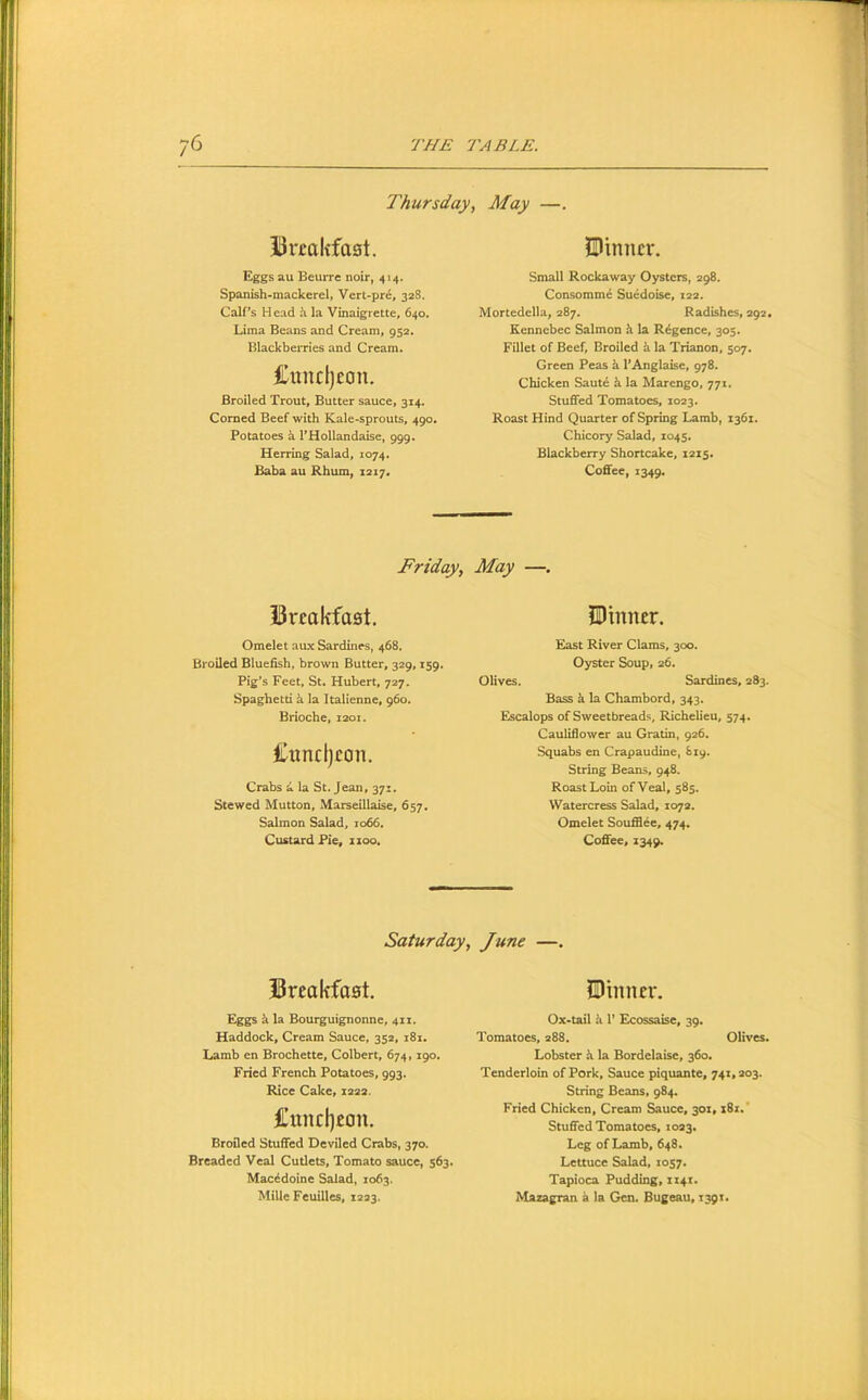 Thursday, May —. Brcakfaat, Clinncr. Eggs au Beurre noir, 414. Spanish-mackerel, Vert-pr6, 328. Calf’s H ead h. la Vinaigrette, 640. Lima Beans and Cream, 952. Blackberries and Cream. CniidjEon. Broiled Trout, Butter sauce, 314. Corned Beef with Kale-sprouts, 490. Potatoes k I’Hollandaise, 999, Herring Salad, 1074. Baba au Rhum, 1217. Small Rockaway Oysters, 298. Consomme Suedoise, 122. Mortedclla, 287. Radishes, 292. Kennebec Salmon k la Rdgence, 305. Fillet of Beef, Broiled k la Trianon, 507. Green Peas k I’Anglaise, 978. Chicken Sautd k la Marengo, 771. Stuffed Tomatoes, 1023. Roast Hind Quarter of Sprmg Lamb, 1361. Chicory Salad, 1045. Blackberry Shortcake, 1215. Coffee, 1349. Friday, May —. Breakfast. Omelet aux Sardines, 468. Broiled Bluefish, brown Butter, 329,159. Pig's Feet, St. Hubert, 727. Spaghetti k la Italienne, 960. Brioche, 1201. Citndjeon. Crabs k la St. Jean, 371. Stewed Mutton, Marseillaise, 657. Salmon Salad, 1066, Custard Pie, 1100, JDinner. East River Clams, 300. Oyster Soup, 26. Olives. Sardines, 283. Bass k la Chambord, 343. Escalops of Sweetbreads, Richelieu, 574. Cauliflower au Gratin, 926. Squabs en Crapaudine, 819. String Beans, 948. Roast Loin of Veal, 585. Watercress Salad, 1072. Omelet Soufflee, 474. Coffee, 1349. Saturday, June —. Breakfast. Eggs k la Bourguignonne, 411. Haddock, Cream Sauce, 352, i8x. l,amb en Brochette, Colbert, 674,190. Fried French Potatoes, 993. Rice Cake, 1222. Cund)£on. Broiled Stuffed Deviled Crabs, 370. Breaded Veal Cutlets, Tomato sauce, 563. Macedoine Salad, 1063. Mille Feuilles, 1223. SUmur. Ox-tail k 1’ Ecossaise, 39. Tomatoes, 288. Olives. Lobster k la Bordelaise, 360. Tenderloin of Pork, Sauce piquante, 741,203. String Beans, 984. Fried Chicken, Cream Sauce, 301, i8x. Stuffed Tomatoes, 1023. Leg of Lamb, 648. Lettuce Salad, 1057. Tapioca Pudding, IX4X. Mazagran a la Gen. Bugeau, X391.
